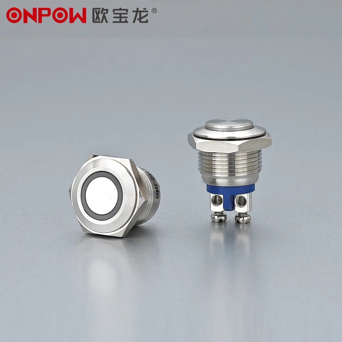 ONPOW GQ16 metal push button showing a 16 mm metal panel-control option