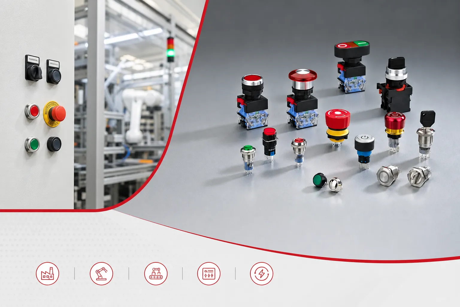 Industrial push button controls for a 22mm panel layout