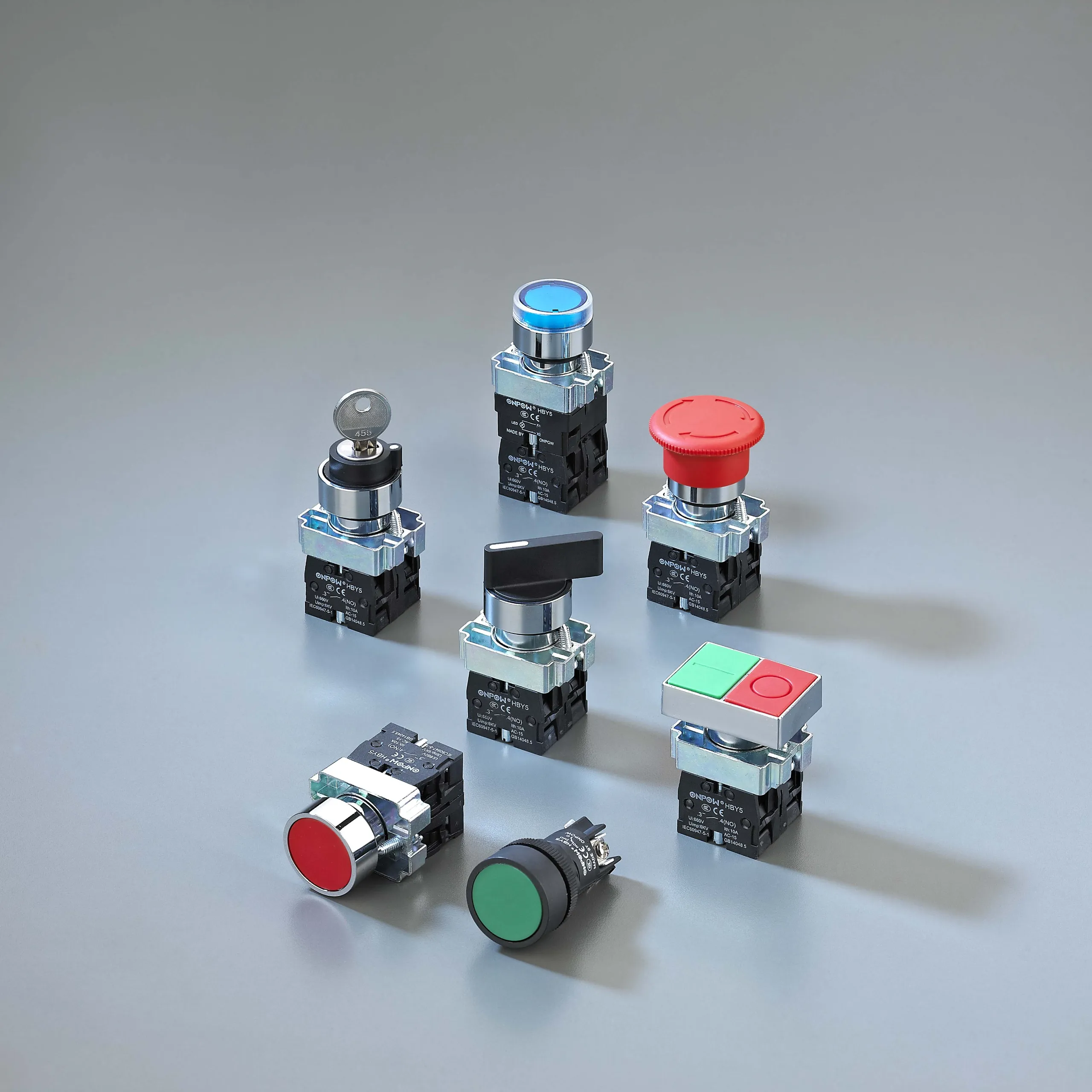 ONPOW HBY5 modular 22 mm push button family for step-up comparison