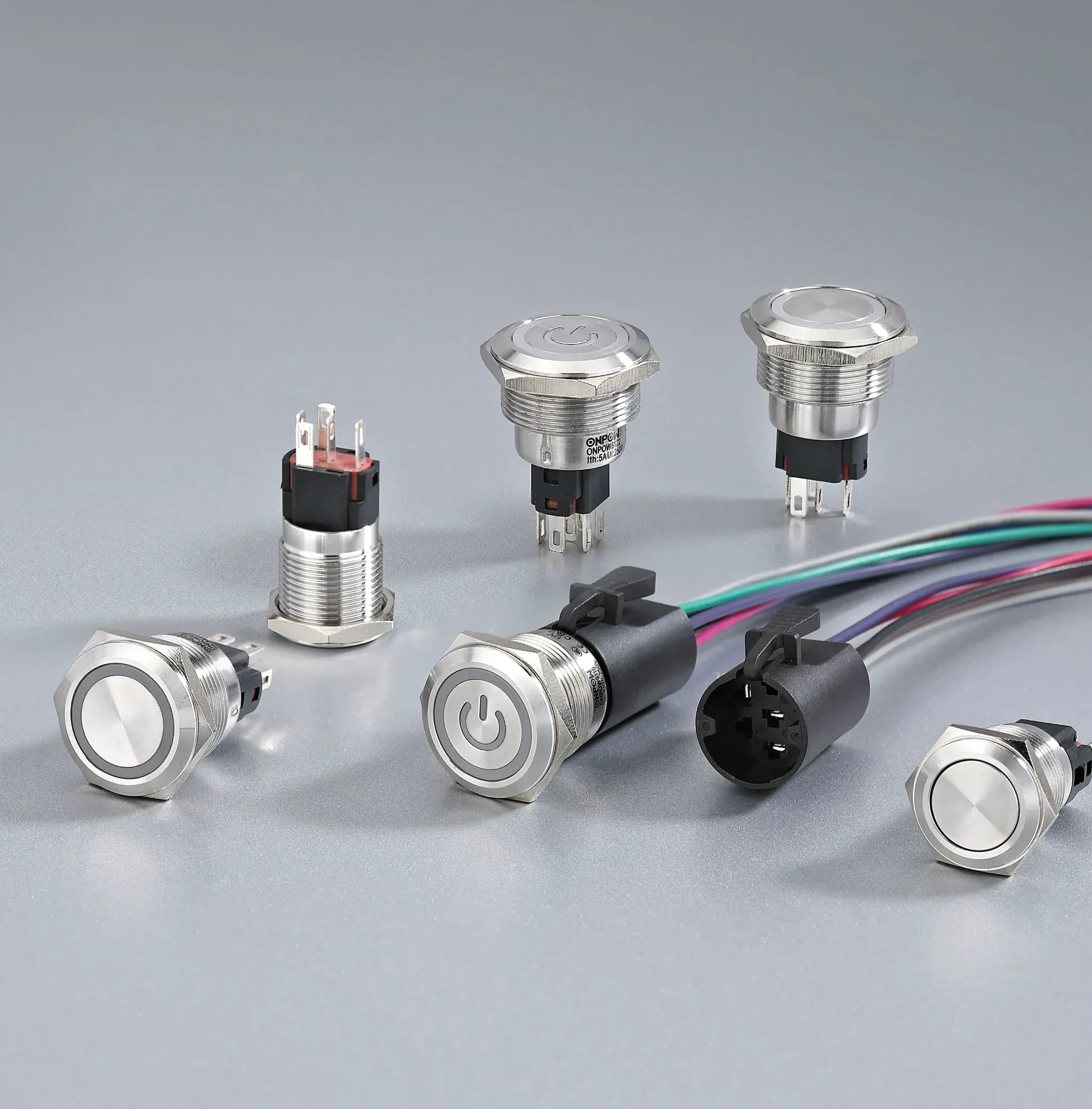 ONPOW metal push buttons showing mounting bodies and rear connections
