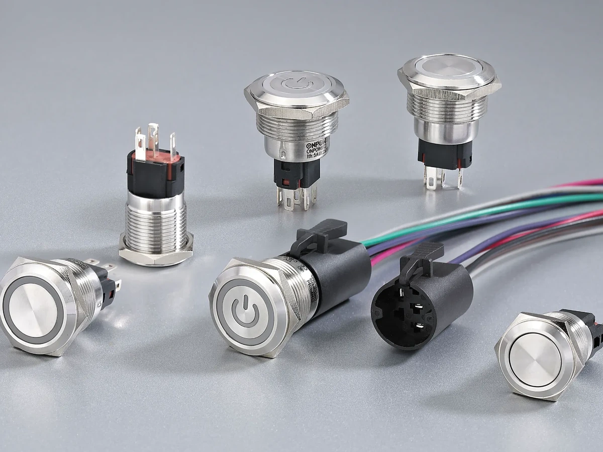 ONPOW metal push buttons showing threaded bodies and rear connection options