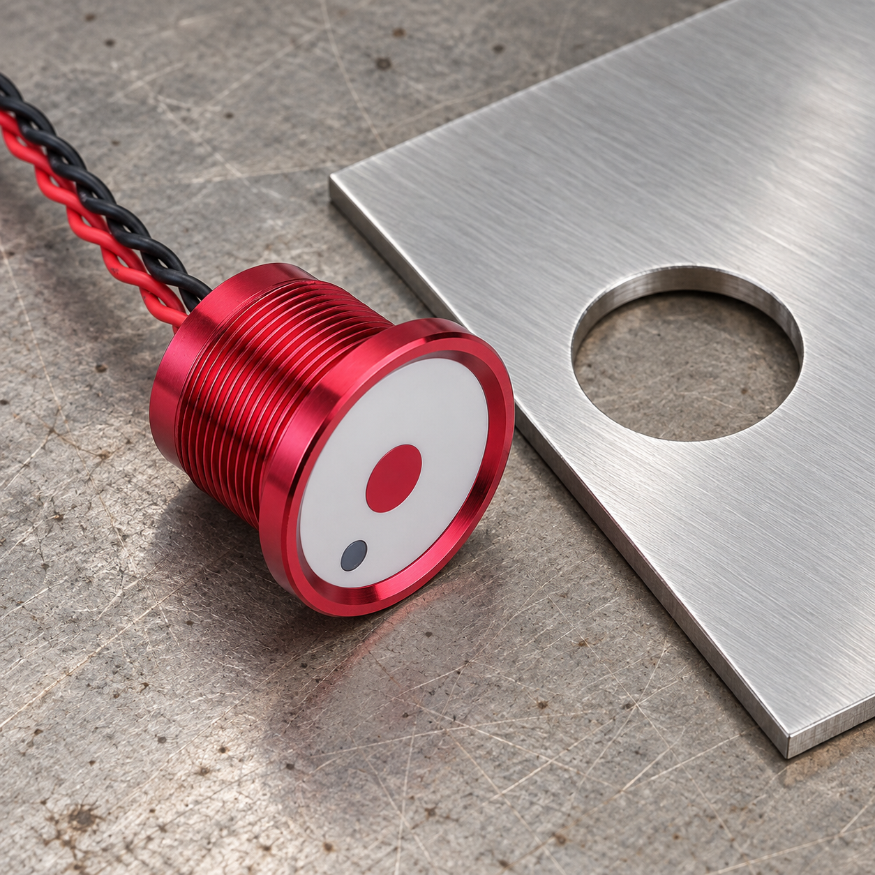 Piezo switch and control-panel cutout Red aluminum piezo switch beside a panel cutout on a clean indoor engineering workbench
