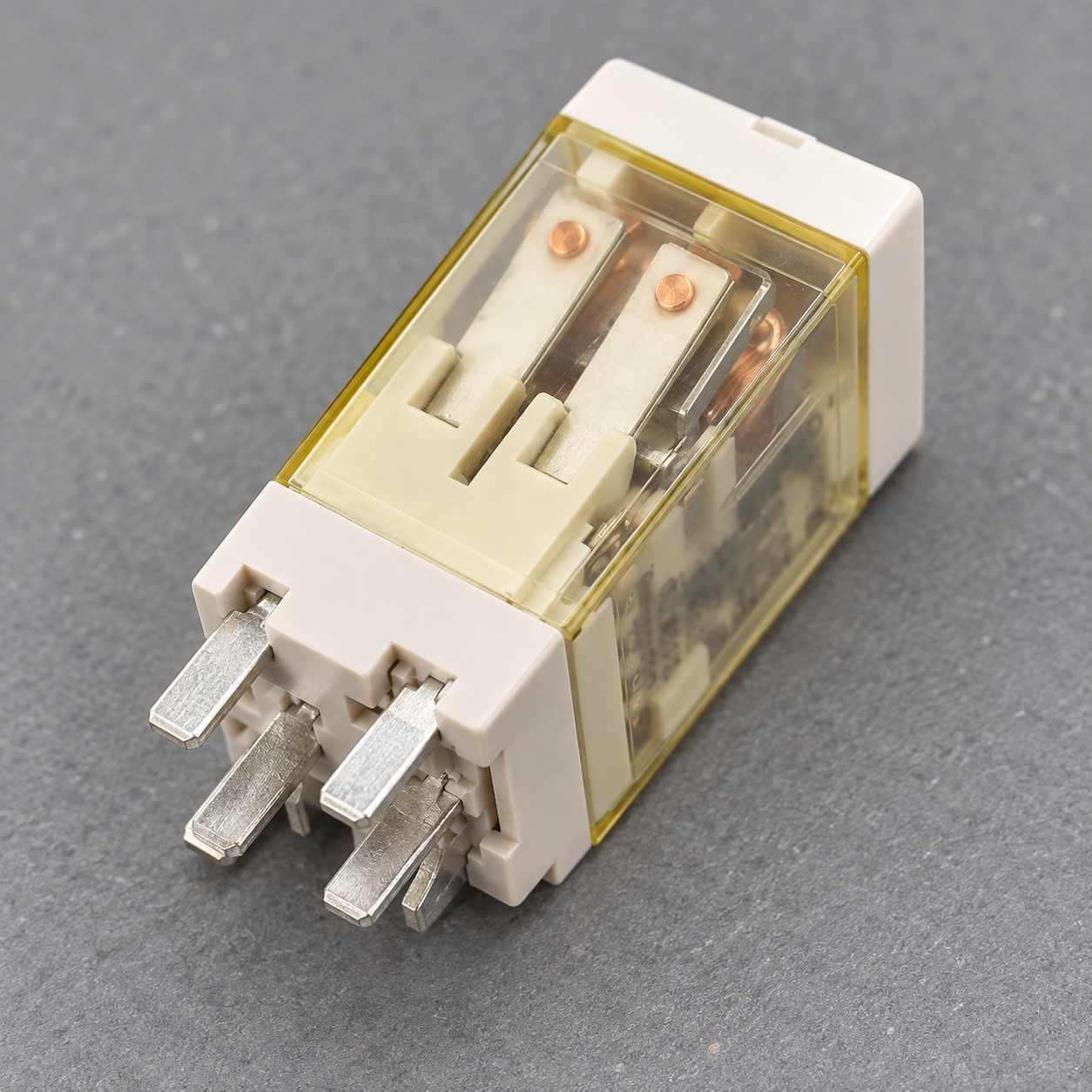 Relay case and plug-in terminal inspection Close view of a transparent electromechanical relay case with internal contacts and flat blade terminals