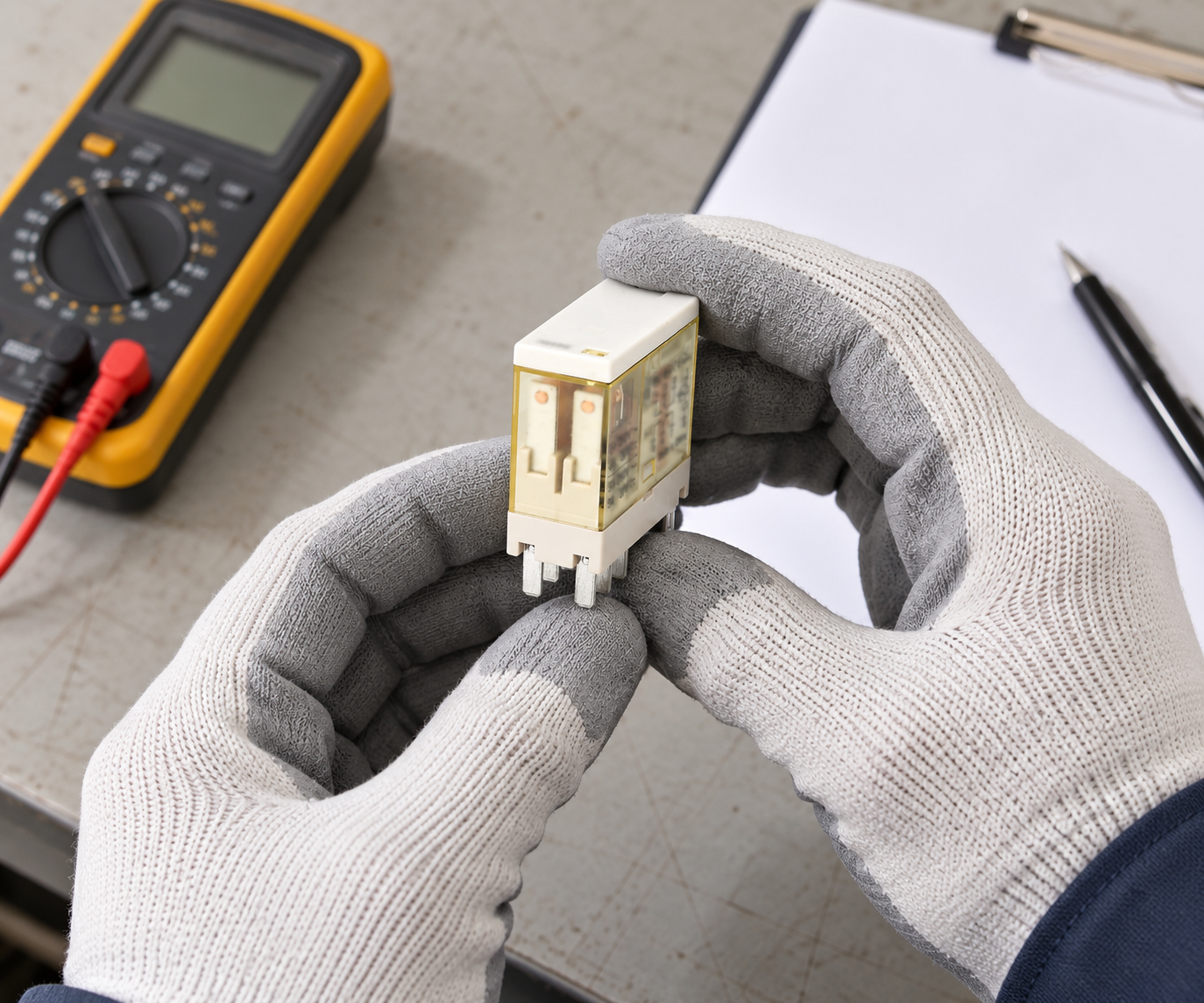 Technician identifying a relay before testing Technician in gloves inspecting a removed electromechanical relay beside a multimeter on a dry service bench
