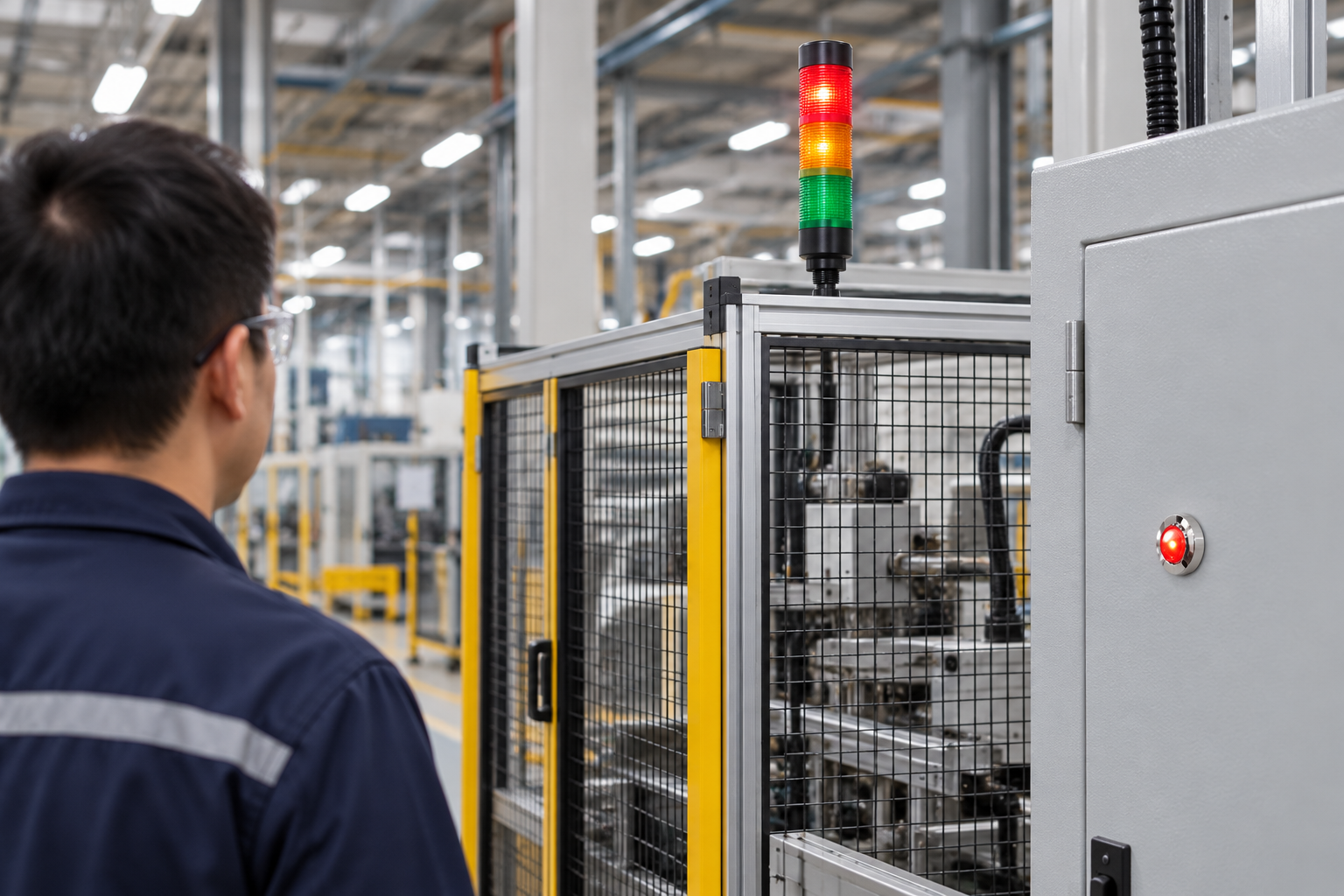 Operator viewing a red amber green signal tower above a guarded machine with a small red indicator on the cabinet