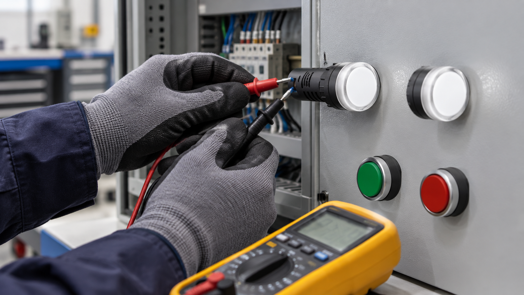 Commissioning an ONPOW panel indicator Technician checks a white-lens panel indicator with a meter inside a control panel