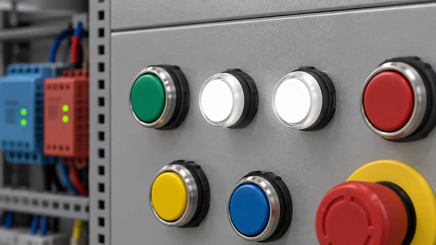 ONPOW panel indicators among industrial controls White-lens ONPOW-style panel indicators among industrial push buttons and a control-panel supply