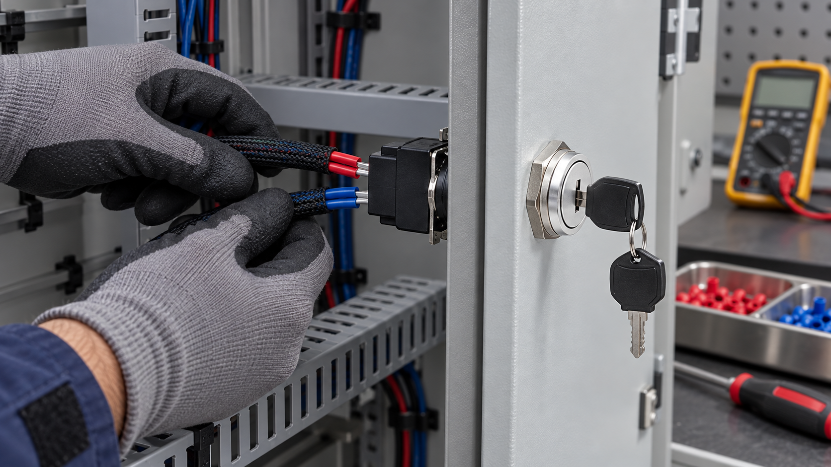 Two control wire groups routed to a mounted key switch Technician routes two sleeved wire groups toward a circular metal key switch in a control-panel door