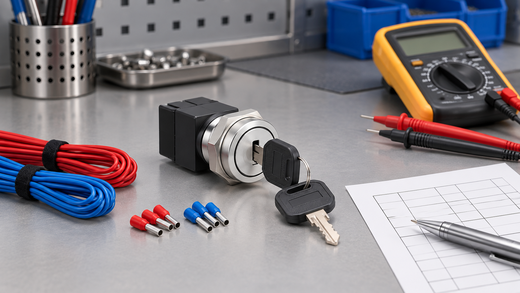 Key switch and two circuit wire groups ready for inspection Circular metal key switch on a workbench with two separate wire bundles and a continuity meter