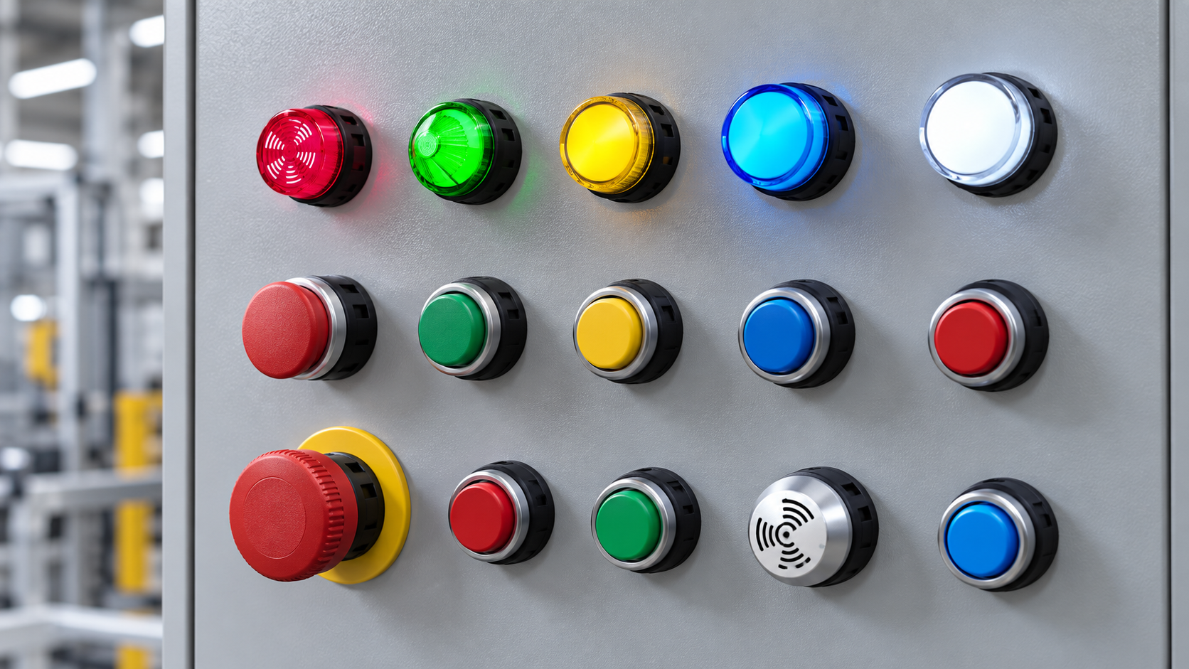 Industrial panel indicator color system Indoor industrial control panel with red green amber blue and white indicators above multiple push buttons