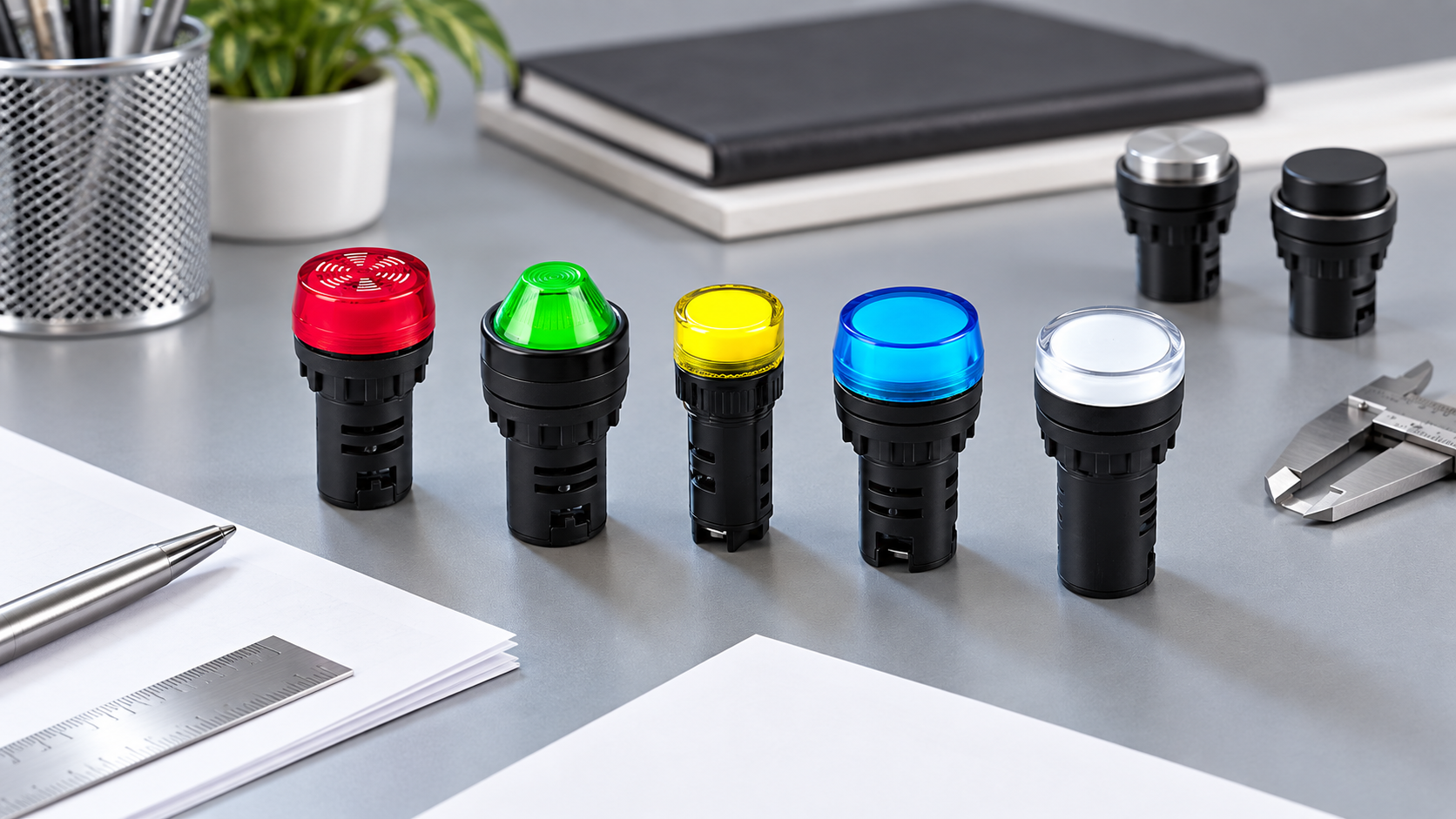 Colored panel indicator selection Five ONPOW-style panel signal lamps with red green amber blue and white lenses on an engineering worktable