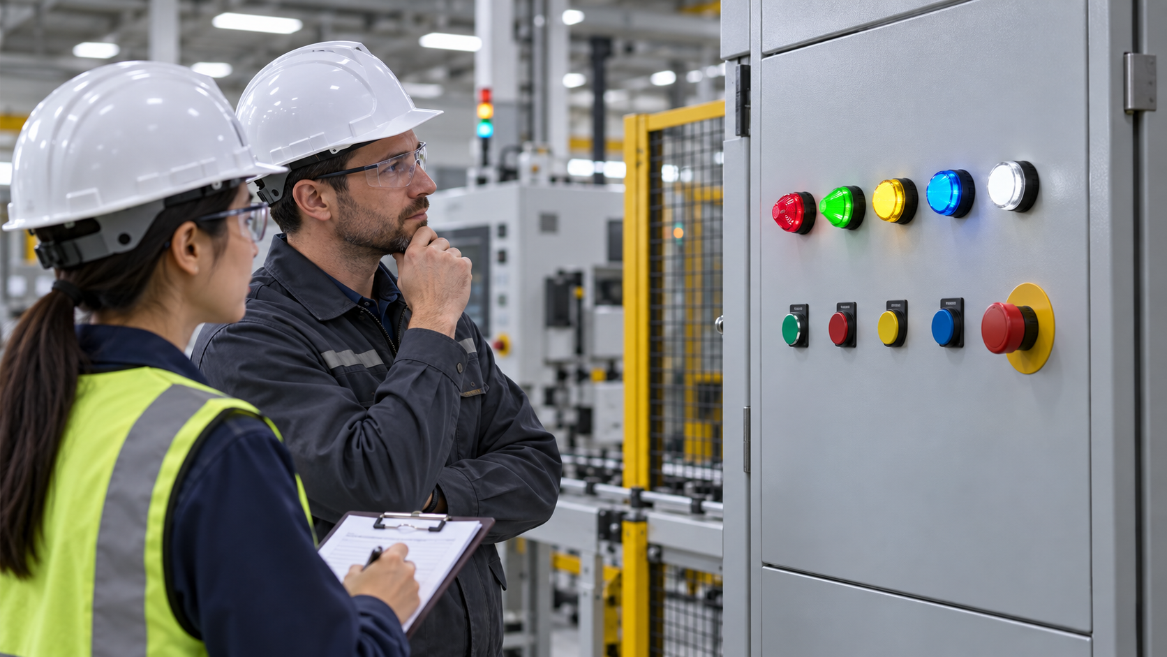 Control panel indicator visibility review Engineer and technician reviewing five colored signal lamps and push buttons on an indoor machine panel