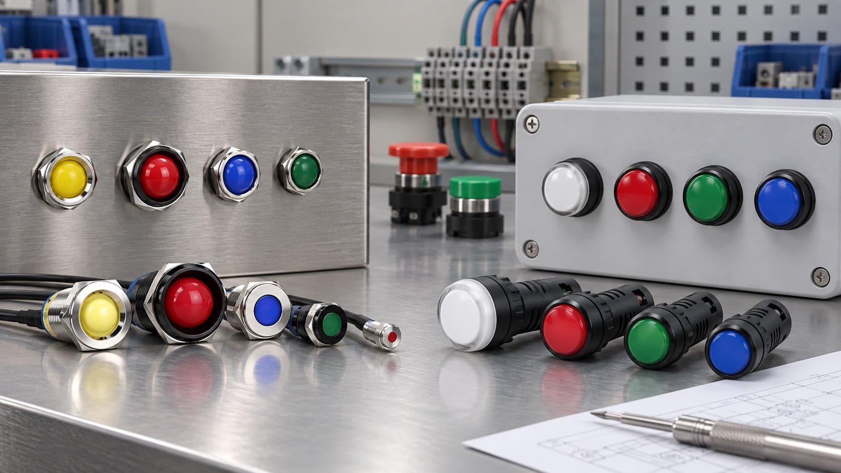 Metal-bezel and plastic-body indicator lights displayed on an indoor engineering workbench