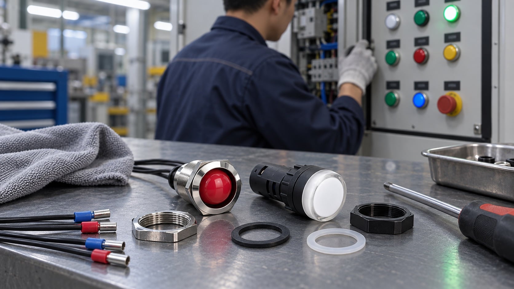 Metal and plastic panel indicator lights with retaining nuts and gaskets on an indoor maintenance bench