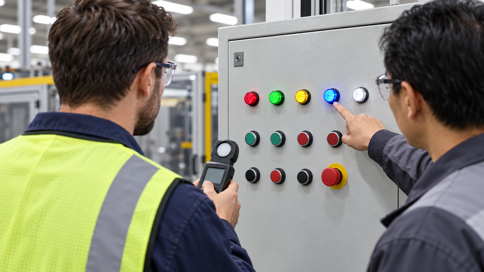 Field check for panel indicator visibility Two technicians comparing colored indicator lamps on an indoor industrial control panel with a handheld light meter