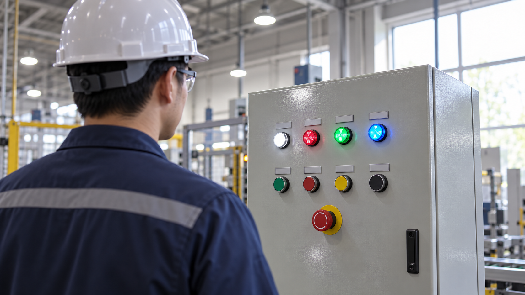 Operator viewing angle for panel indicator lights Operator viewing colored panel indicators from a normal side angle in an indoor production area