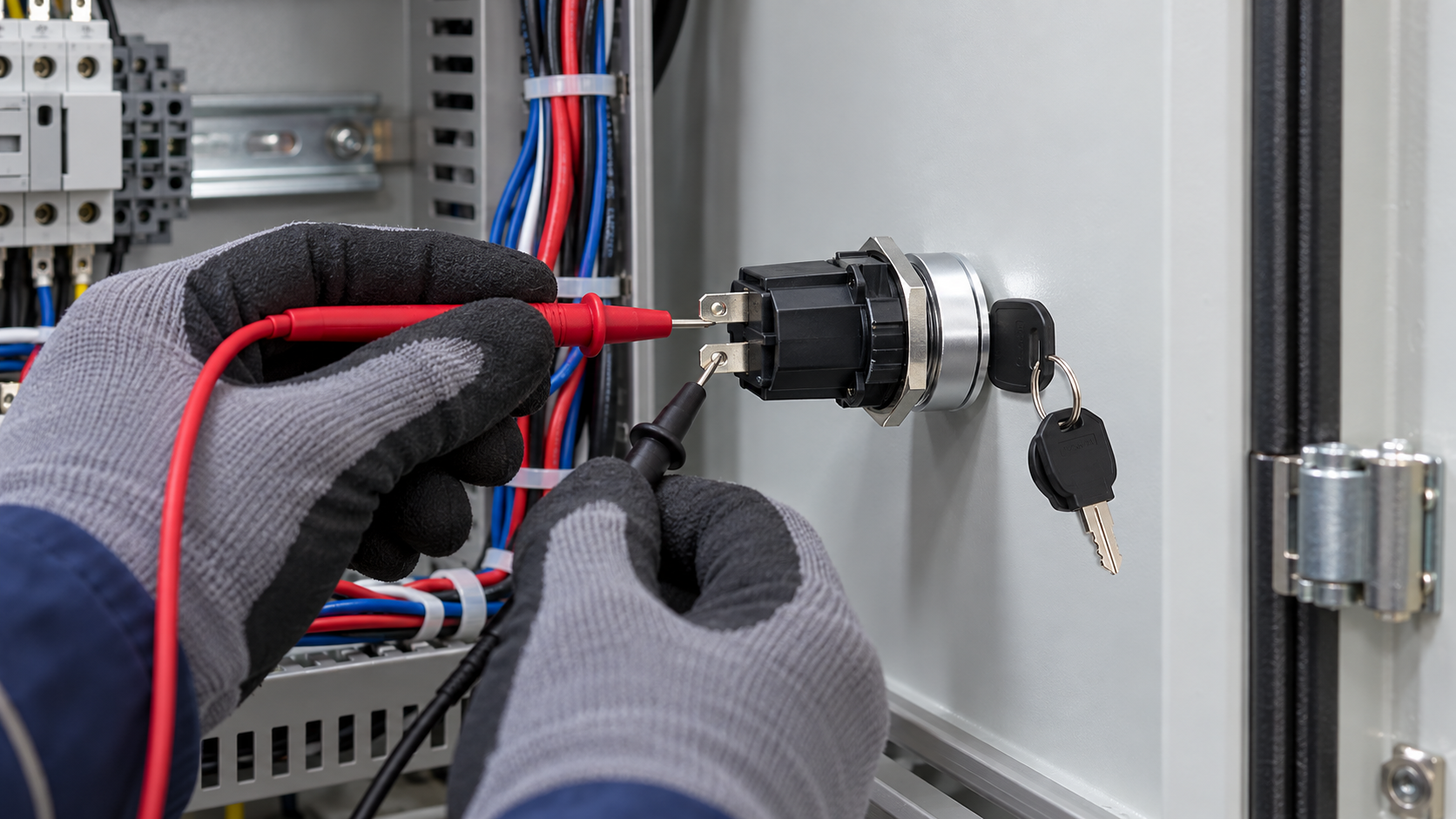 Continuity test on an industrial key switch Technician checks a key switch with multimeter probes inside a de-energized control panel