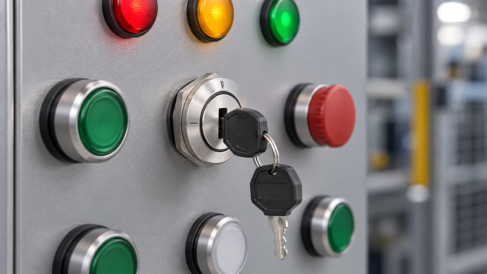 Three-position ONPOW key switch in a control panel Circular metal key switch installed among industrial push buttons and indicator lights