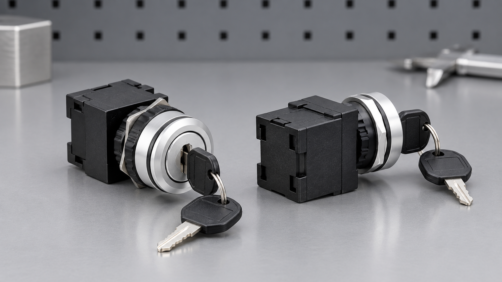 ONPOW key switches for front and rear inspection Two circular metal key switches arranged to show the silver bezel and solid black rear module