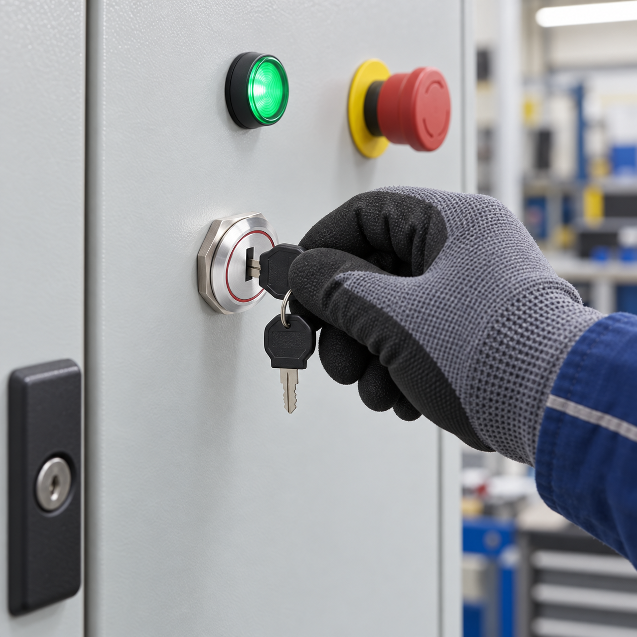 Technician turns a circular metal key selector on an indoor control panel