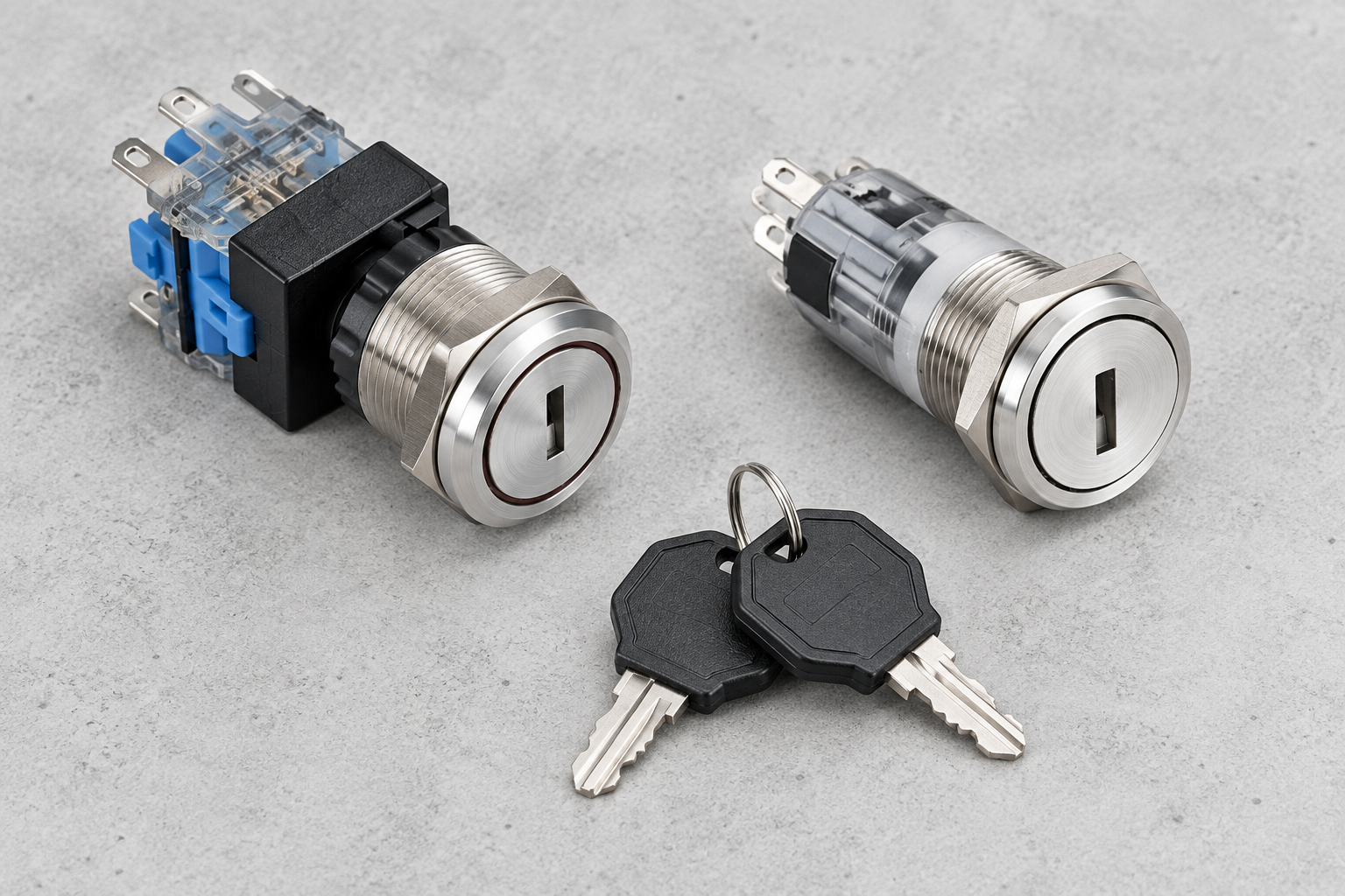 Two circular metal key switch forms with black keys and rear contact sections