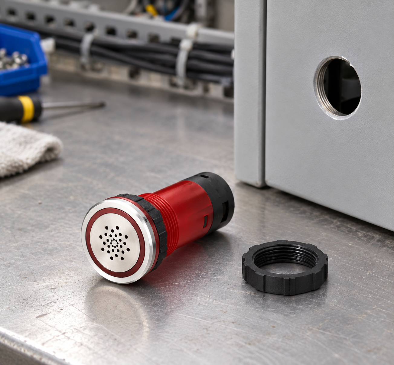 ONPOW red buzzer removed from an indoor panel for mounting inspection