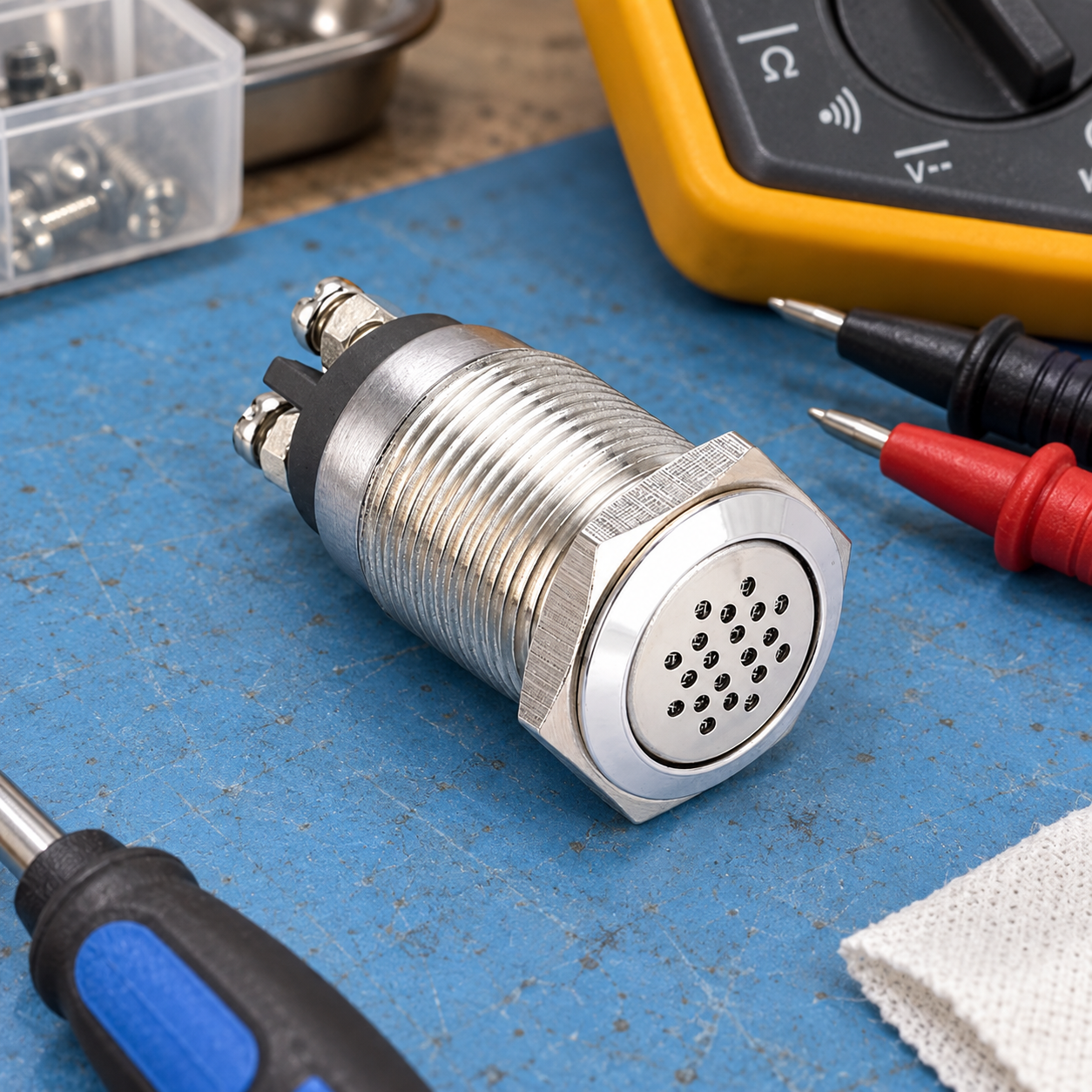 Industrial buzzer inspection Silver panel-mount buzzer on a bench beside a meter during isolated component inspection