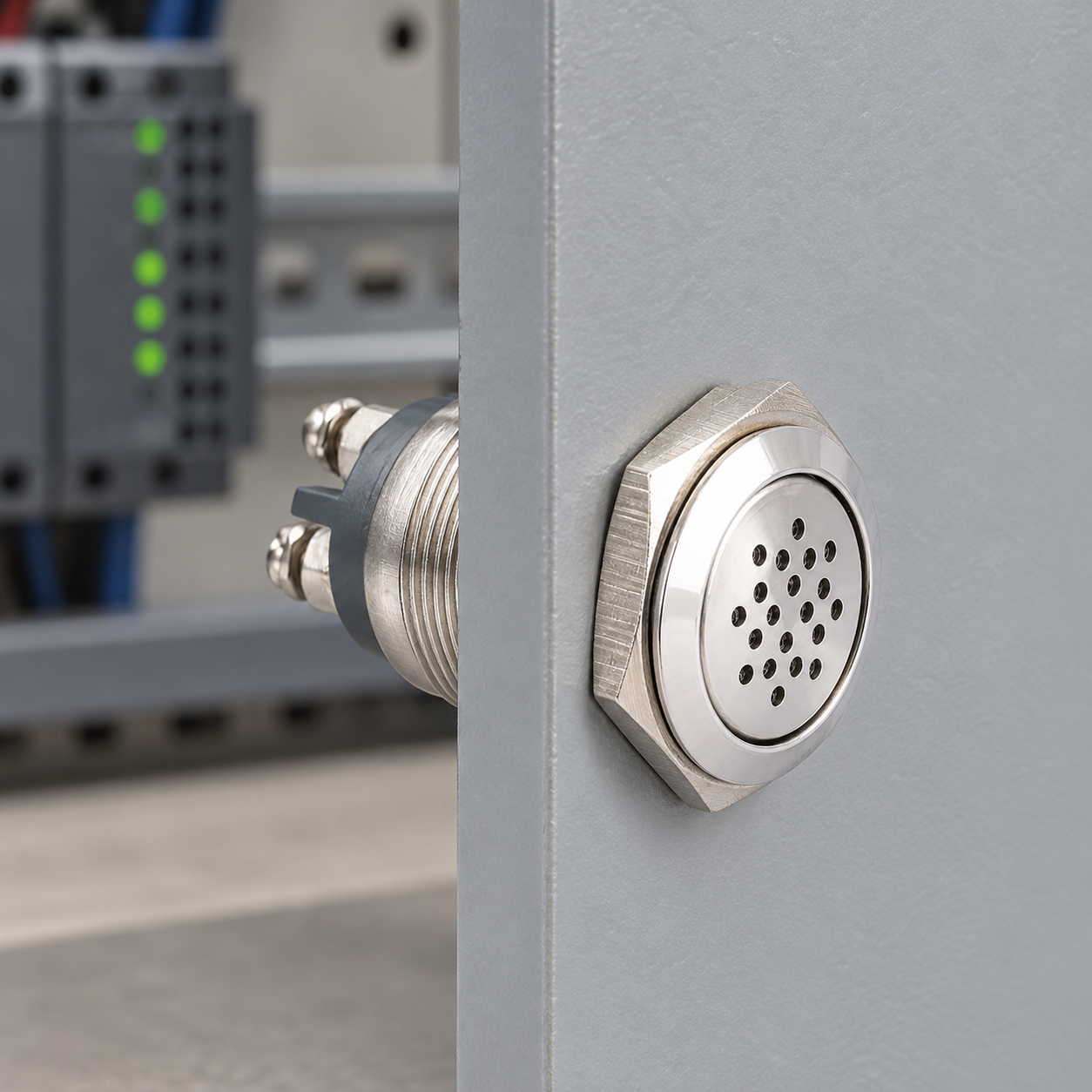 Industrial buzzer panel installation Silver panel-mount buzzer installed through a gray indoor control-panel door