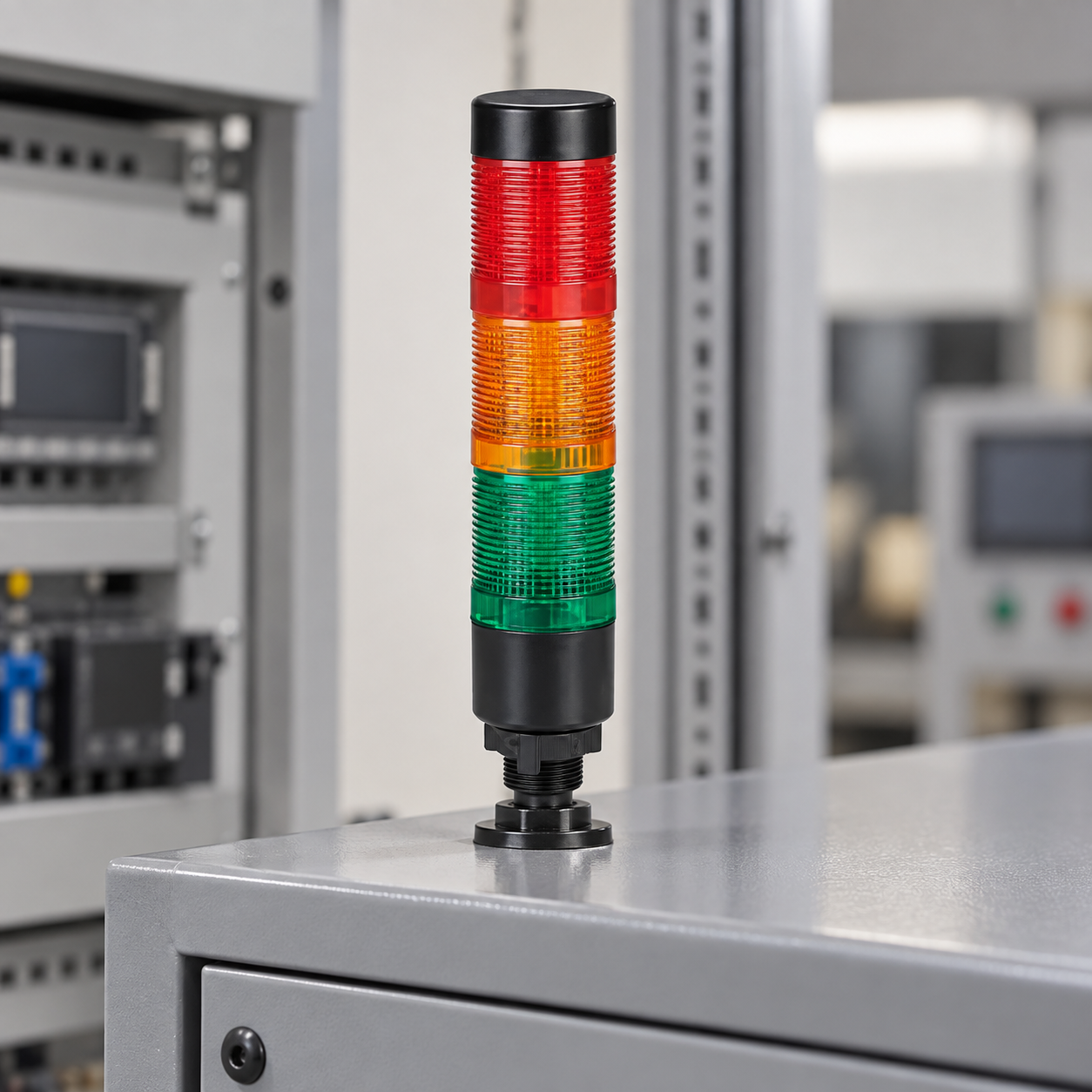 Tower light wiring context Close view of a three-tier red amber green tower light mounted on a gray indoor cabinet