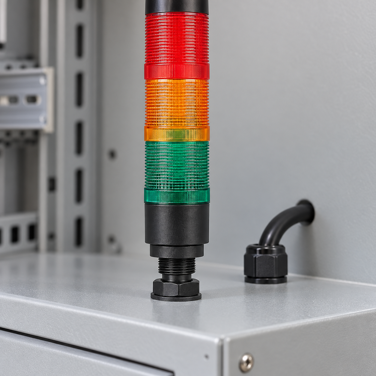 Tower light mounting detail Three-tier red amber green signal tower with its mounting base on an indoor cabinet