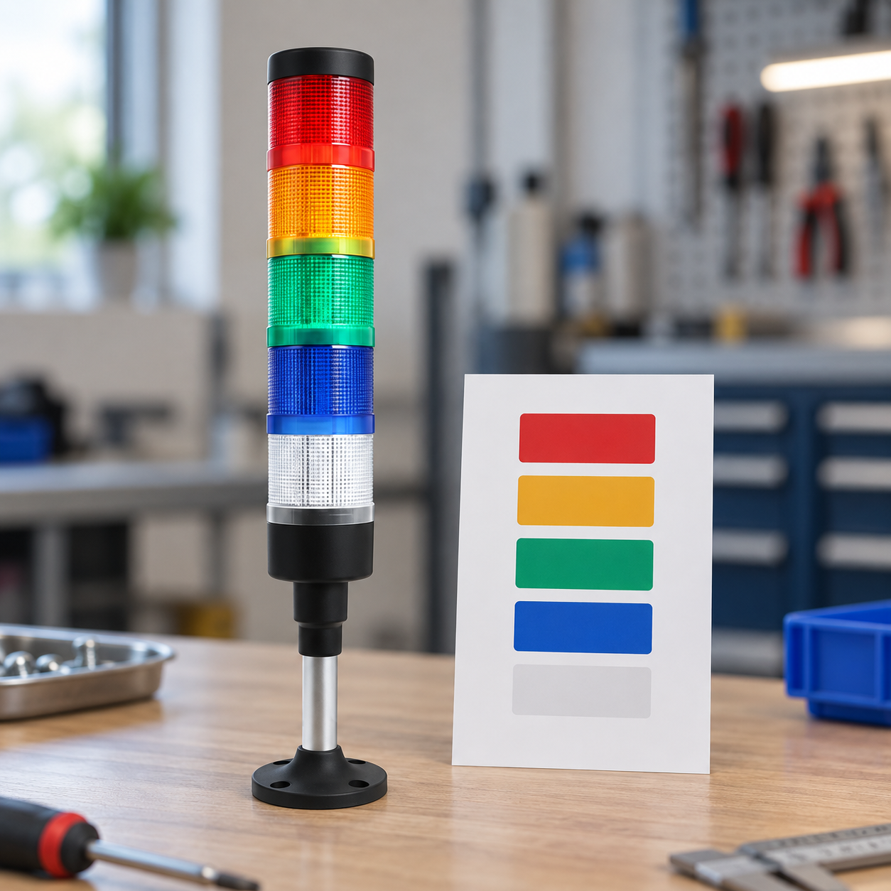 Tower-light tier planning Five-tier tower light beside a five-color state-planning card on an indoor workbench