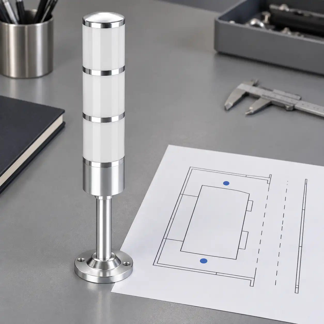 Silver three-module tower light beside an unlabelled machine-cell placement plan