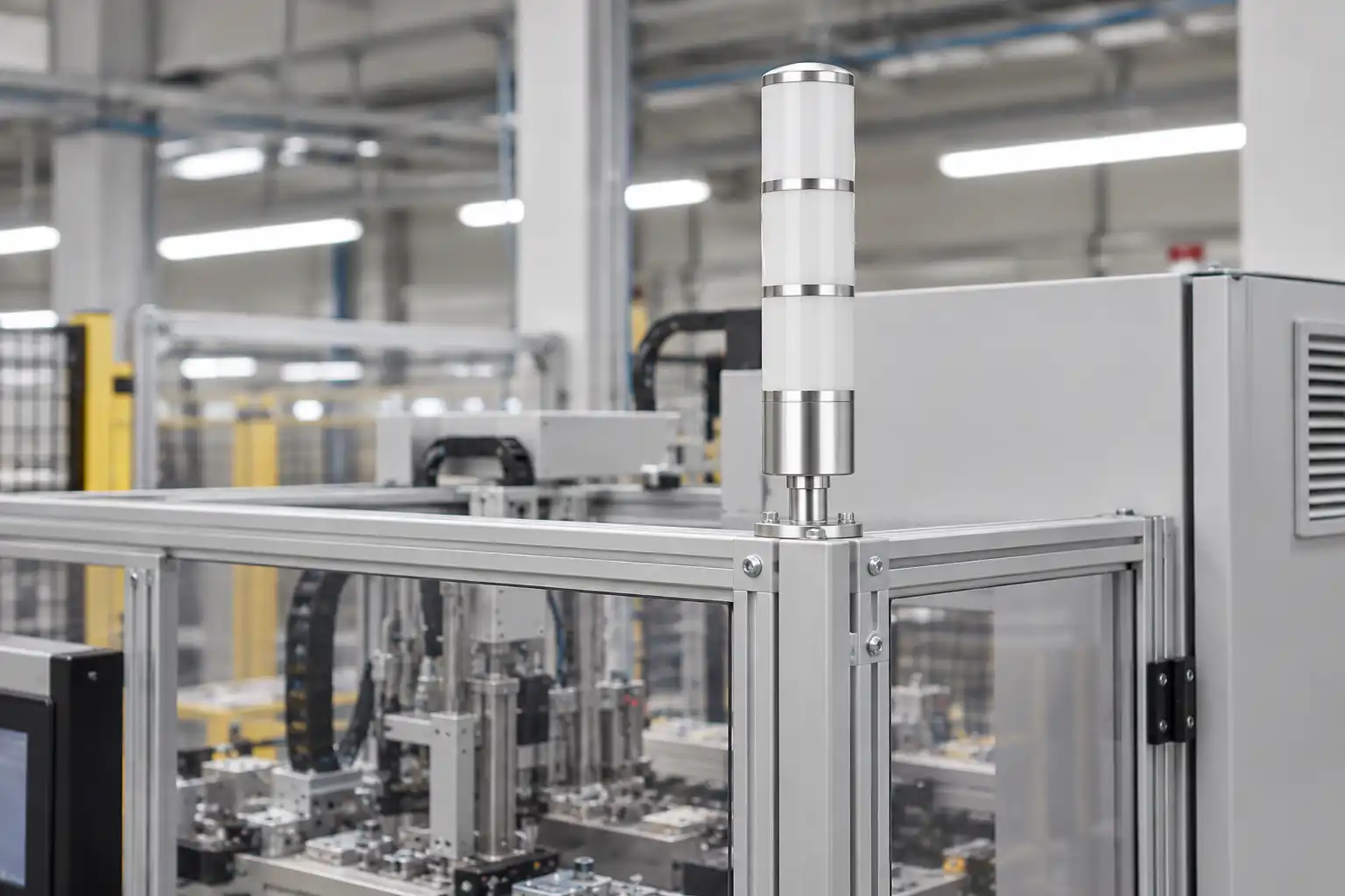 Three-module white-lens tower light mounted at the front corner of an indoor guarded machine
