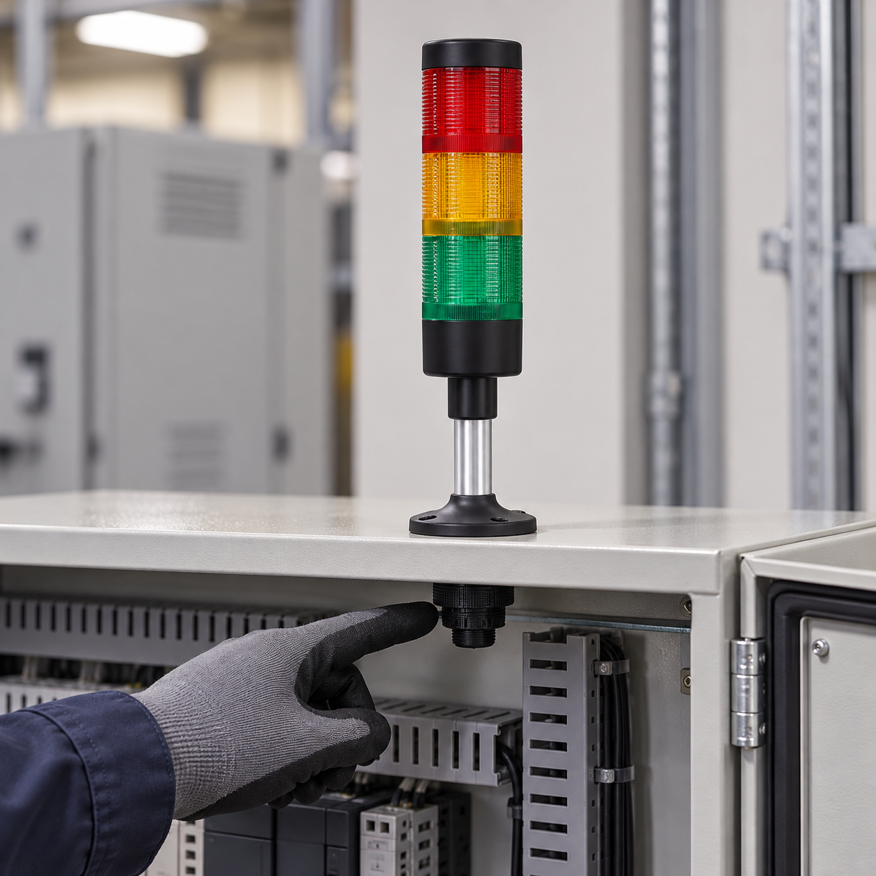 Stack light mounting check Technician checking the isolated mounting base of a three-tier tower light