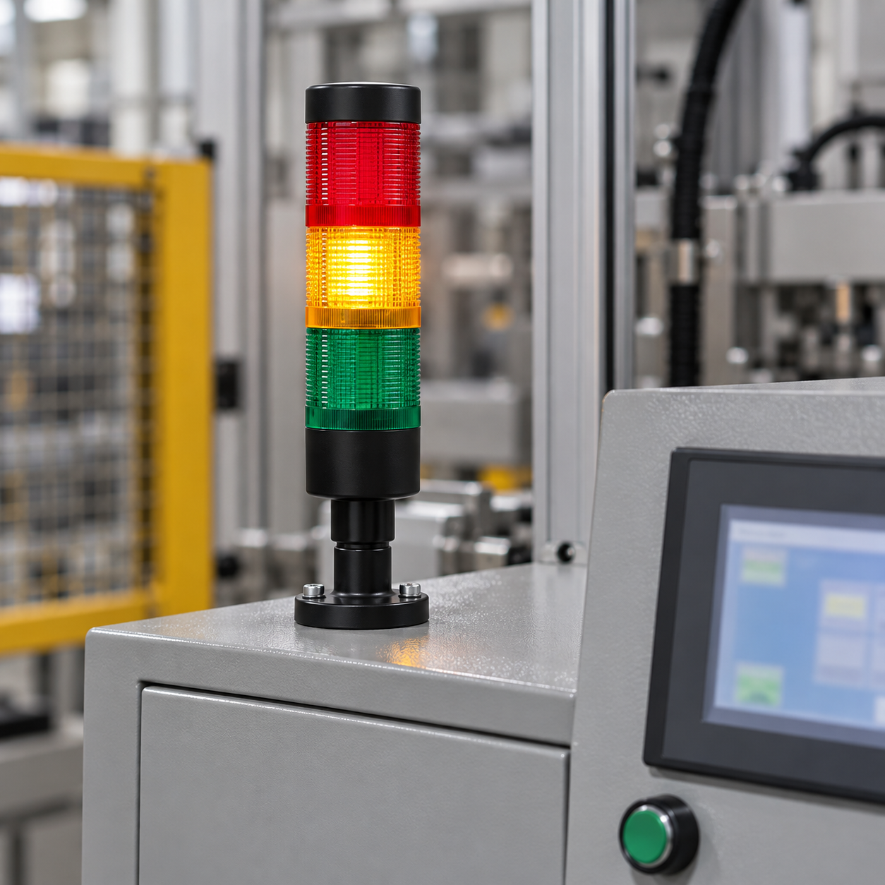 Stack light status check Three-tier tower light with amber middle section illuminated beside a control panel