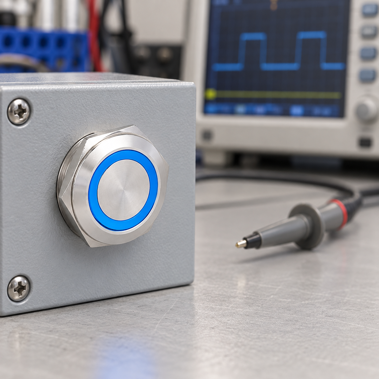 Observe the push-button input during a test ONPOW blue-ring push button on an indoor test plate beside an oscilloscope probe