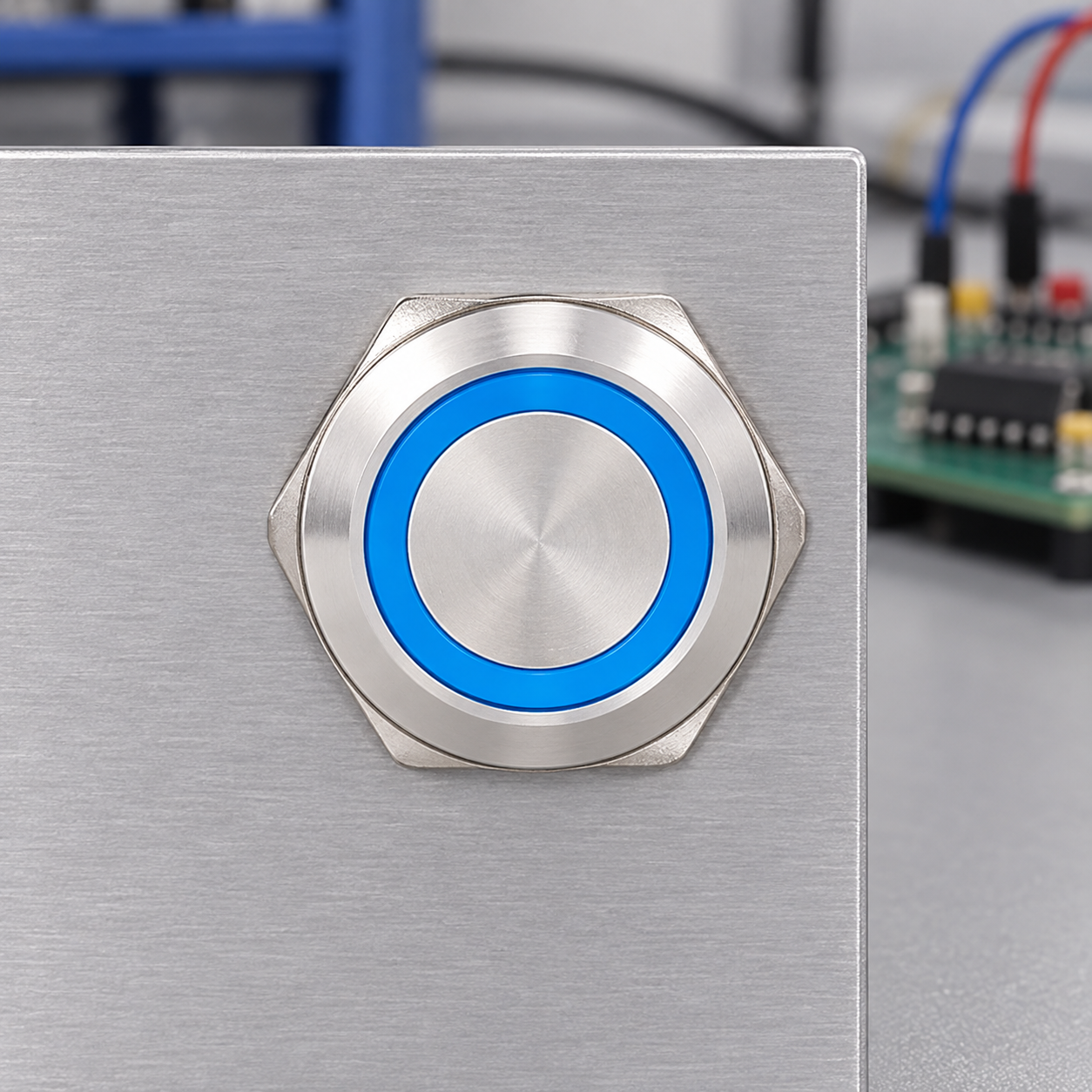 Separate the operator switch from the controller test board Front view of an ONPOW blue-ring push button on a metal test plate beside an isolated logic board