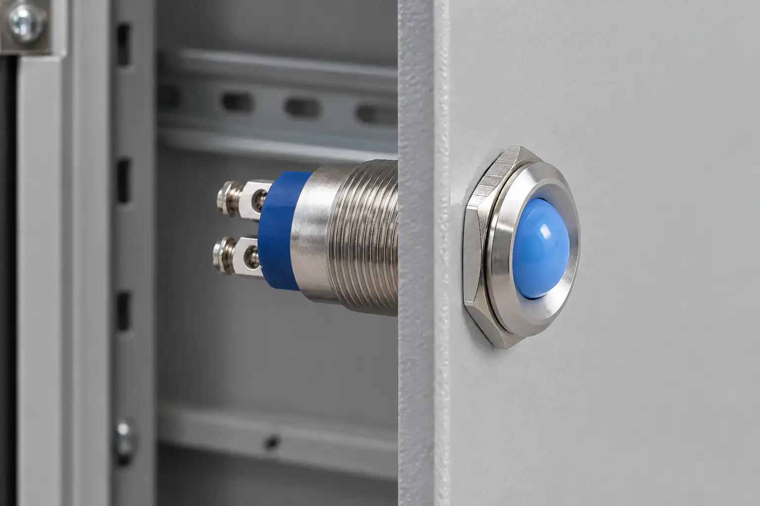 Blue metal panel indicator installed through a cabinet door with its rear screw terminals visible