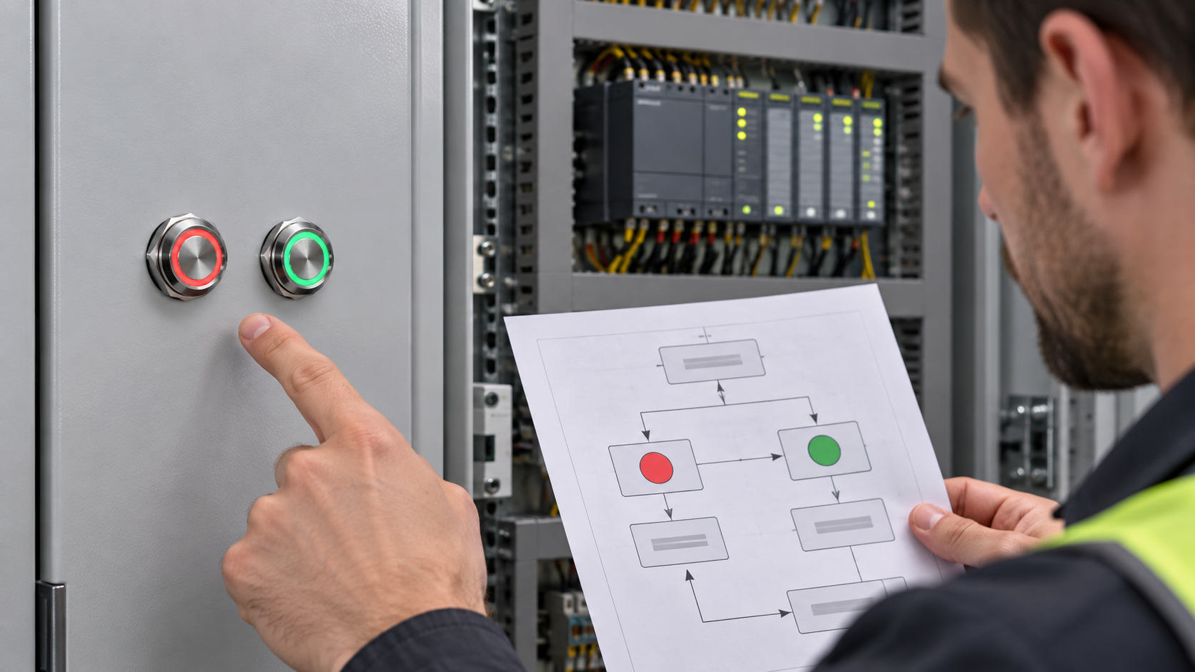 Plan visible indicator states before selection ONPOW multi-color button heads beside a control-panel state checklist