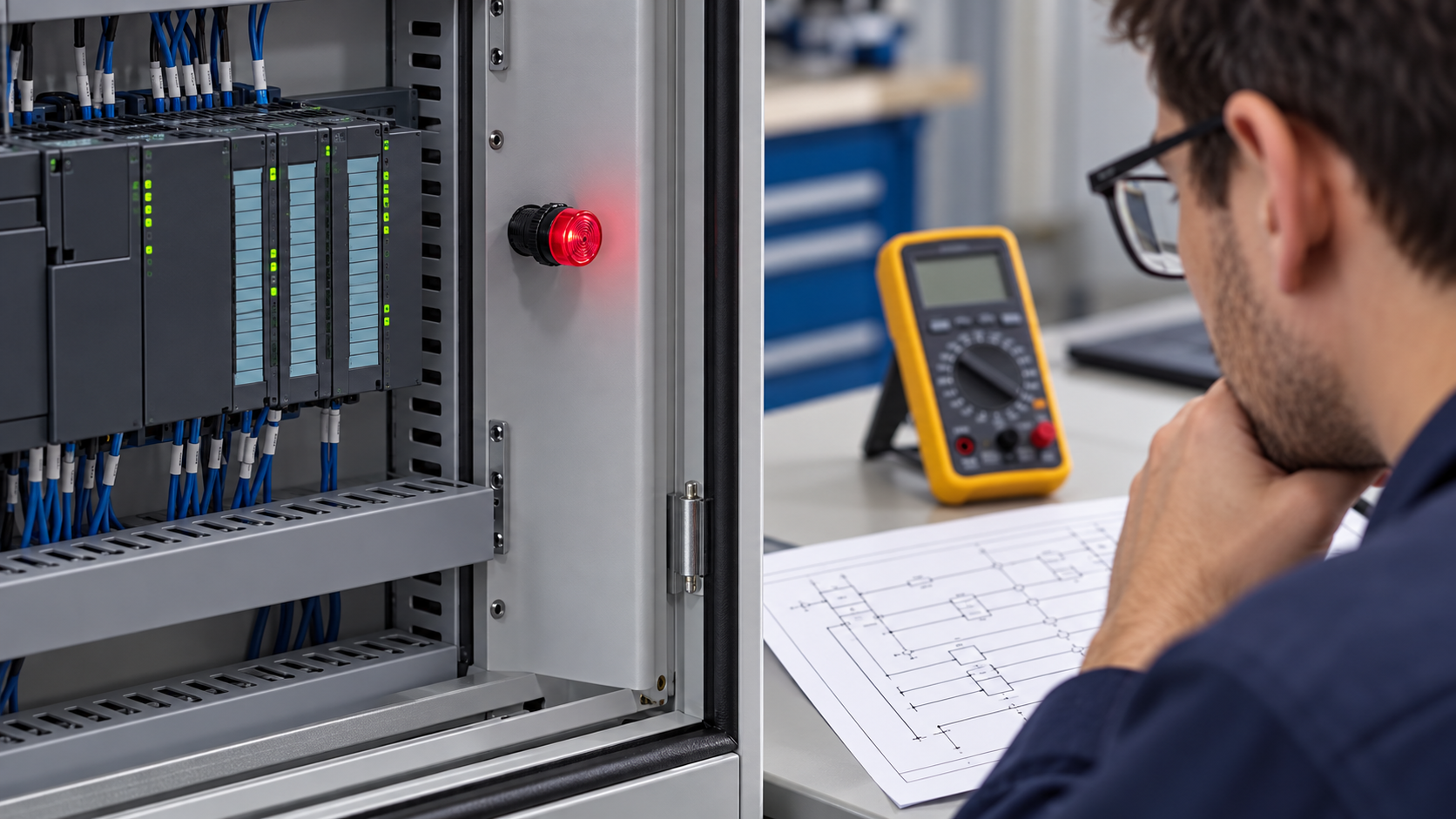 Panel signal lamp in an industrial control cabinet Red AD16-style cylindrical signal lamp mounted on an indoor industrial cabinet