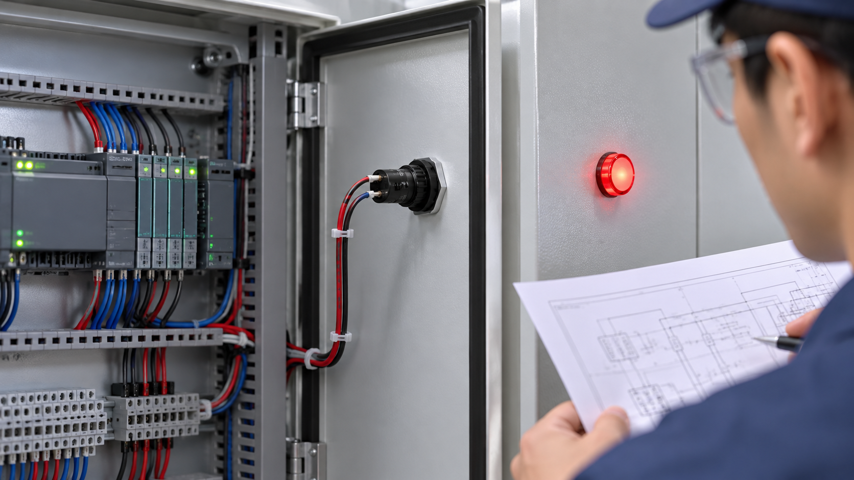 Signal lamp and control-output interface AD16-style red signal lamp with its cylindrical rear body and nearby control wiring