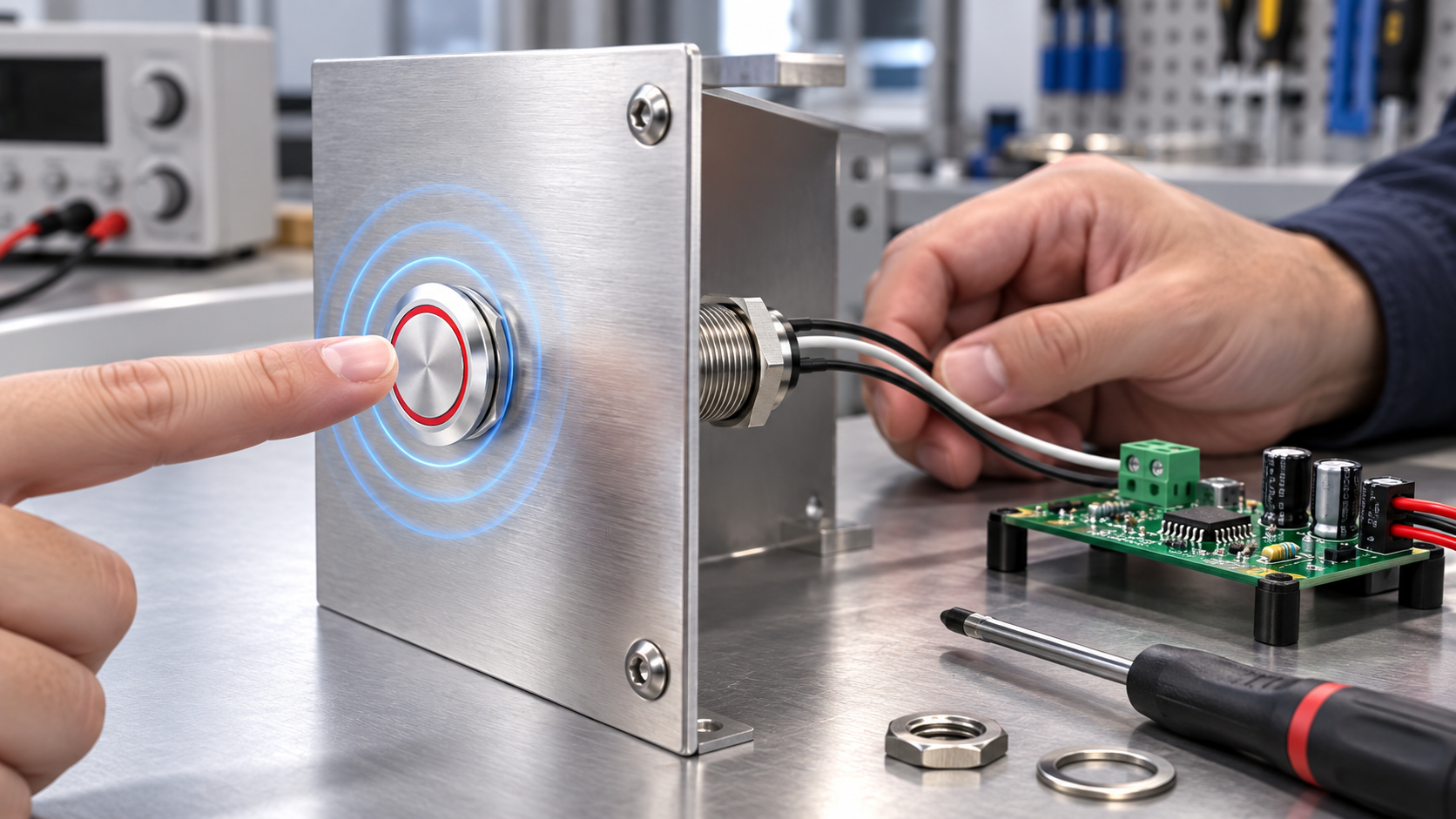 Metal touch switch mounted in a control panel Flat red-ring ONPOW metal touch switch installed on an indoor machine panel