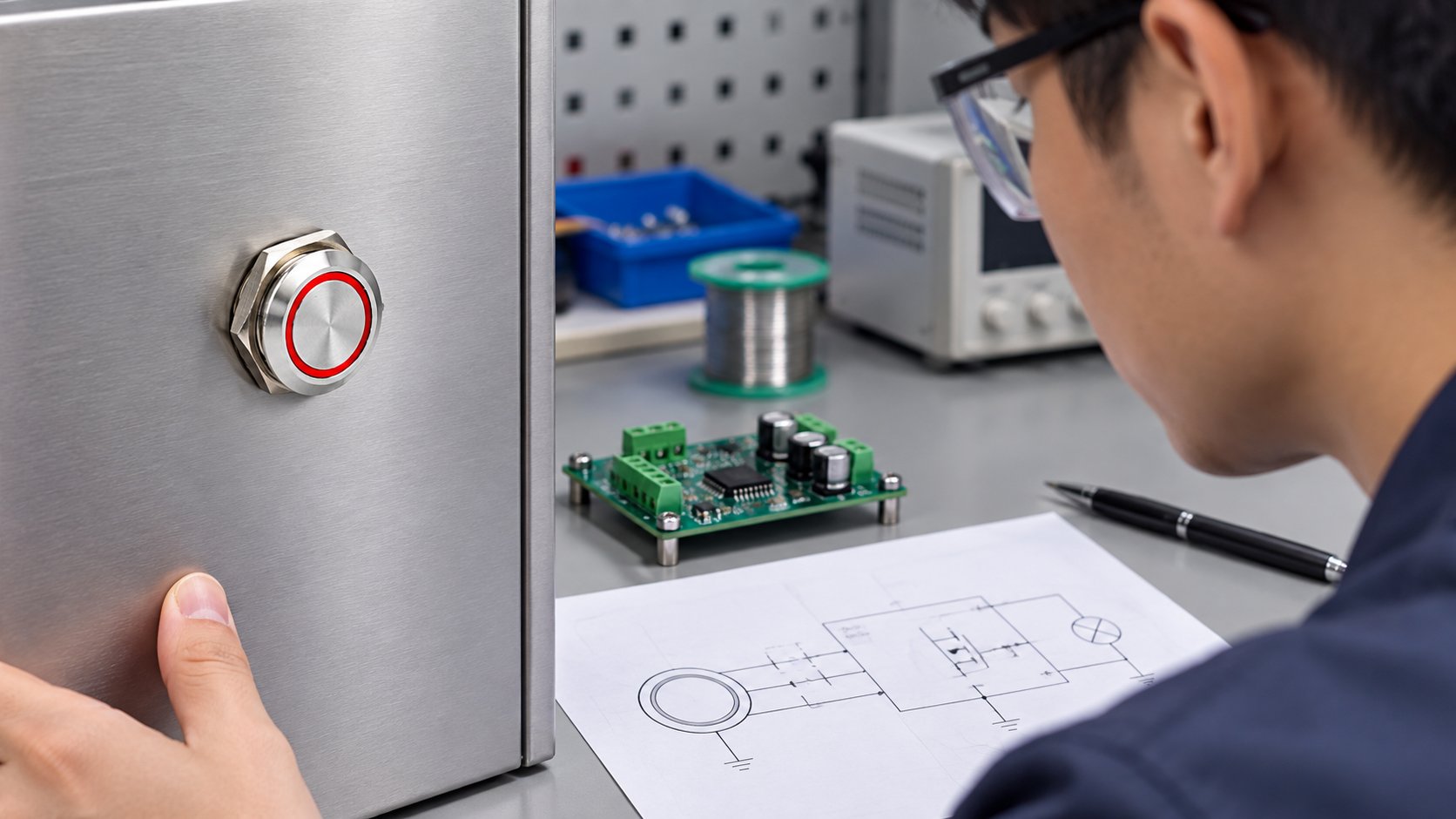 Touch electrode and controller circuit blocks Red-ring metal touch switch beside a separate capacitive controller and circuit diagram