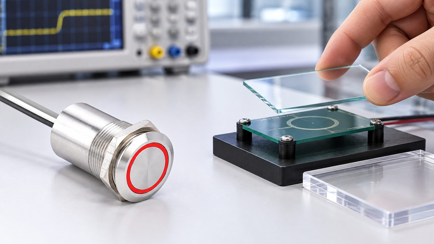 Testing capacitive touch through an overlay ONPOW red-ring metal touch switch beside glass and acrylic overlay test coupons