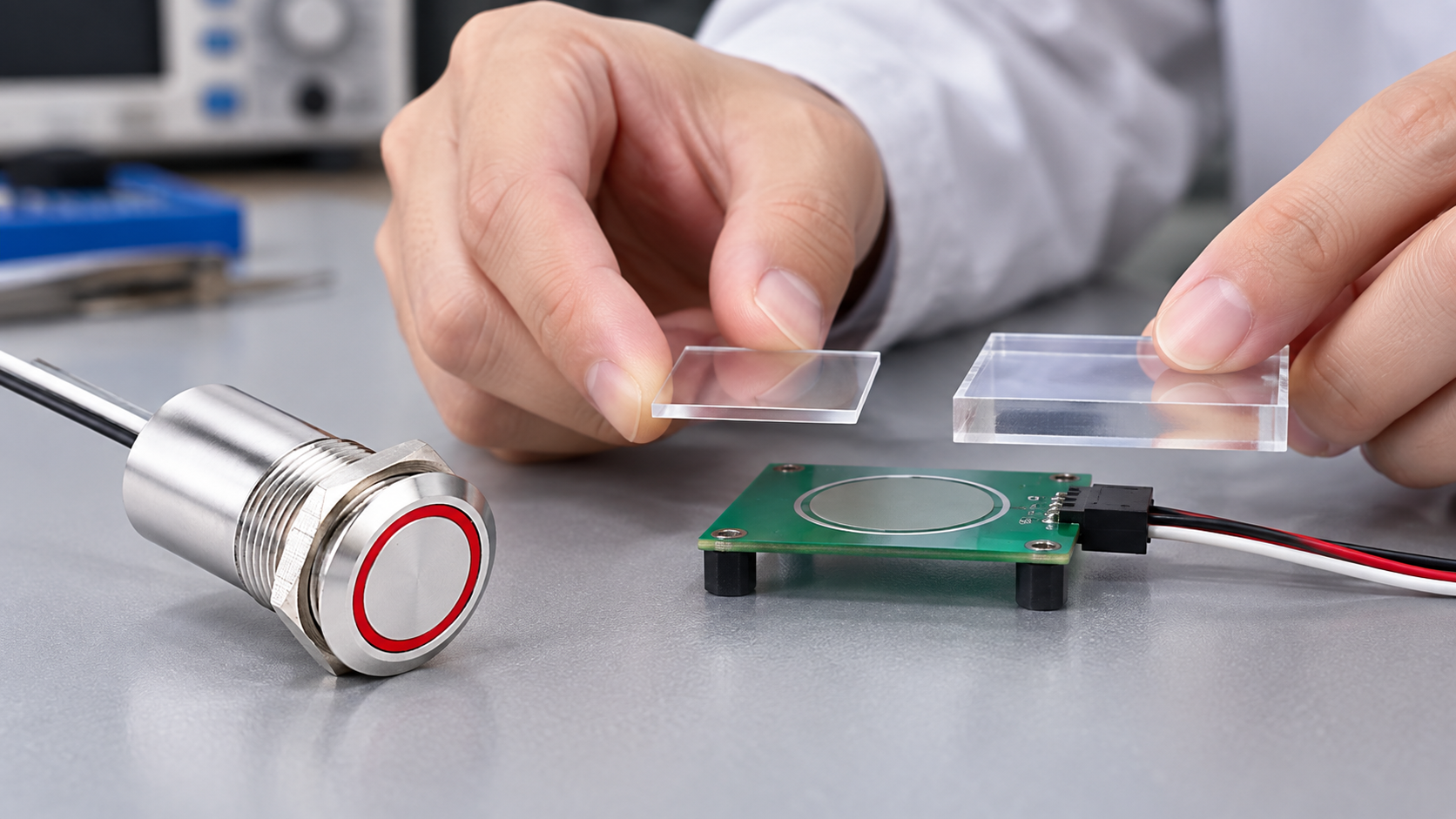 Overlay test fixture for touch sensitivity Capacitive touch test fixture with a red-ring metal face and transparent cover samples