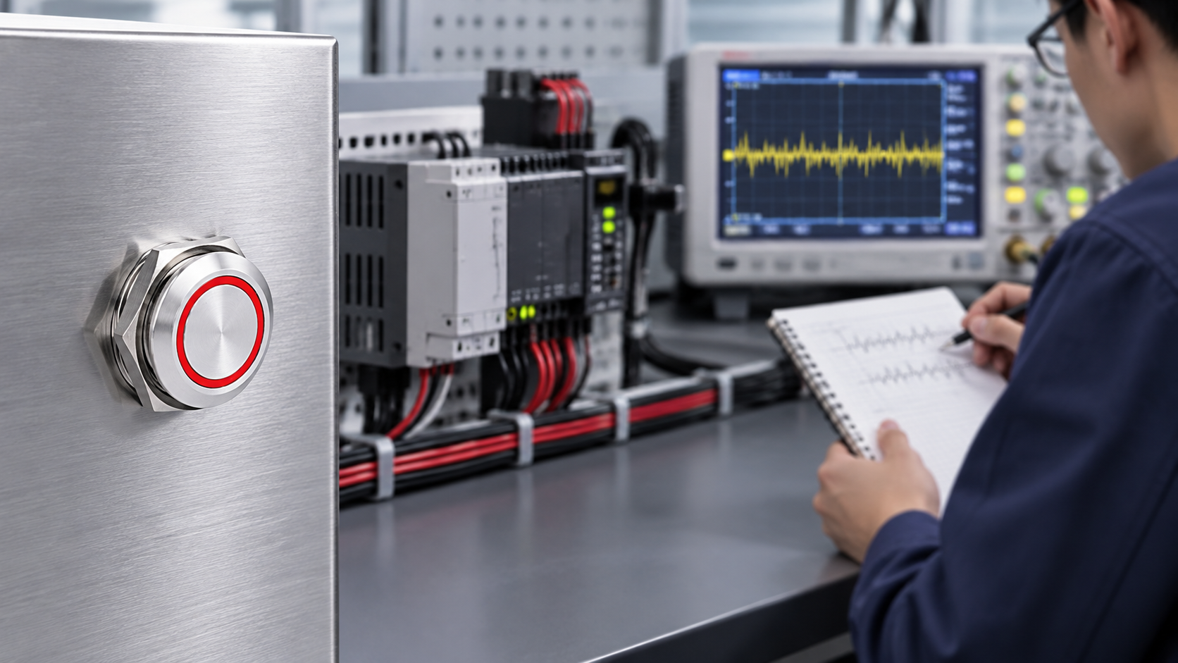 Investigating touch-switch false triggers Red-ring ONPOW metal touch switch in an indoor electrical noise diagnostic setup