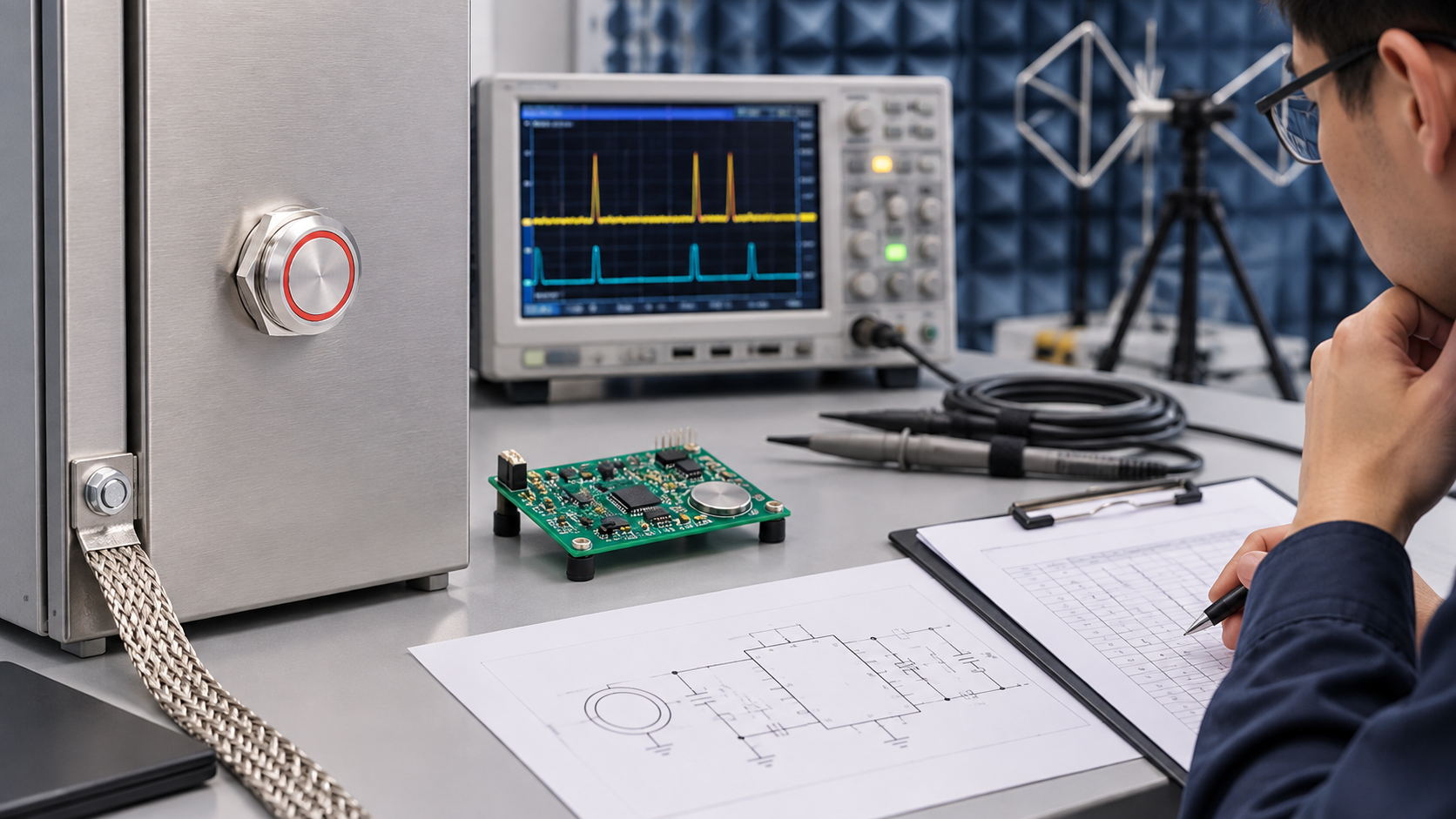 Separate sensor behavior from downstream logic Metal touch switch, isolated sensor board, and oscilloscope arranged for indoor EMC troubleshooting