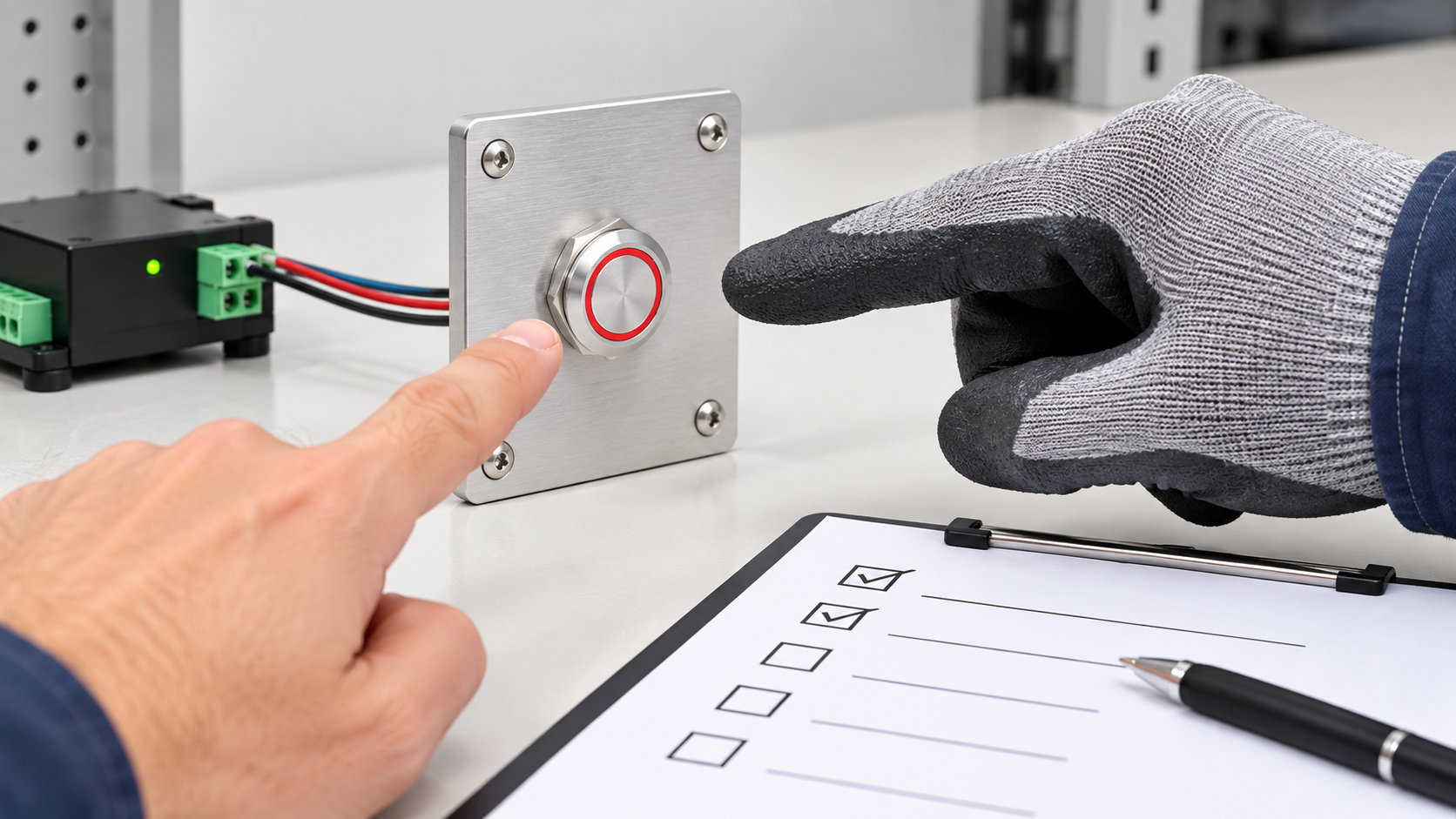 Glove-operation touch validation Gloved hand approaching a red-ring ONPOW metal touch switch on an indoor control panel