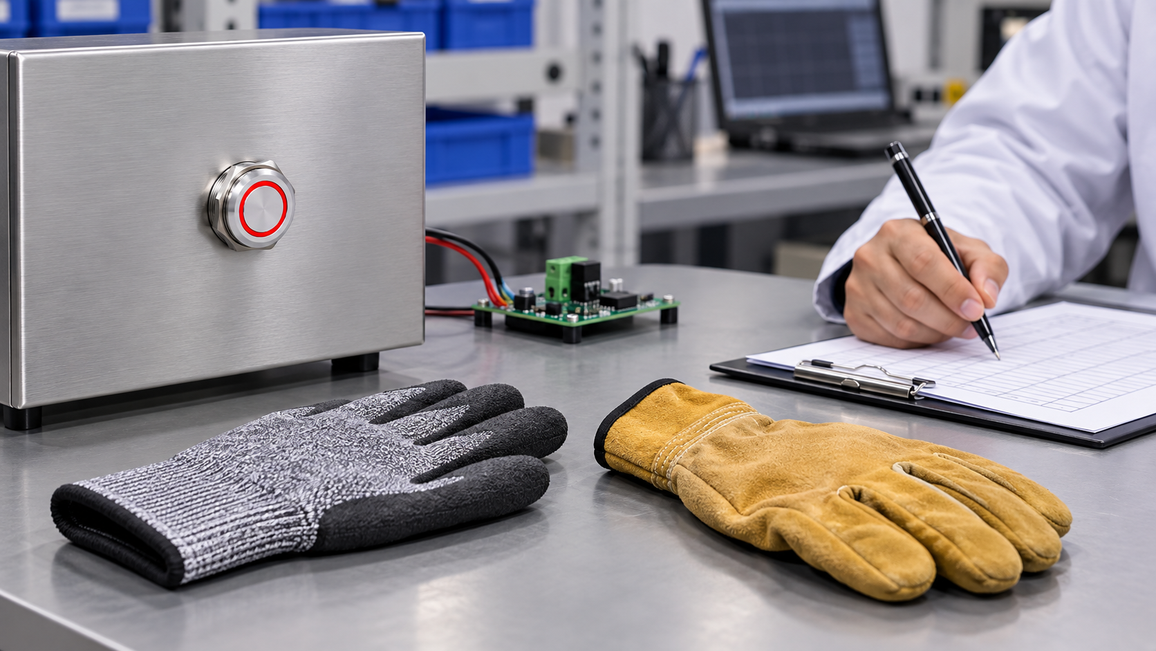Compare glove types on a controlled test fixture Red-ring metal touch switch beside representative work gloves and an isolated test board