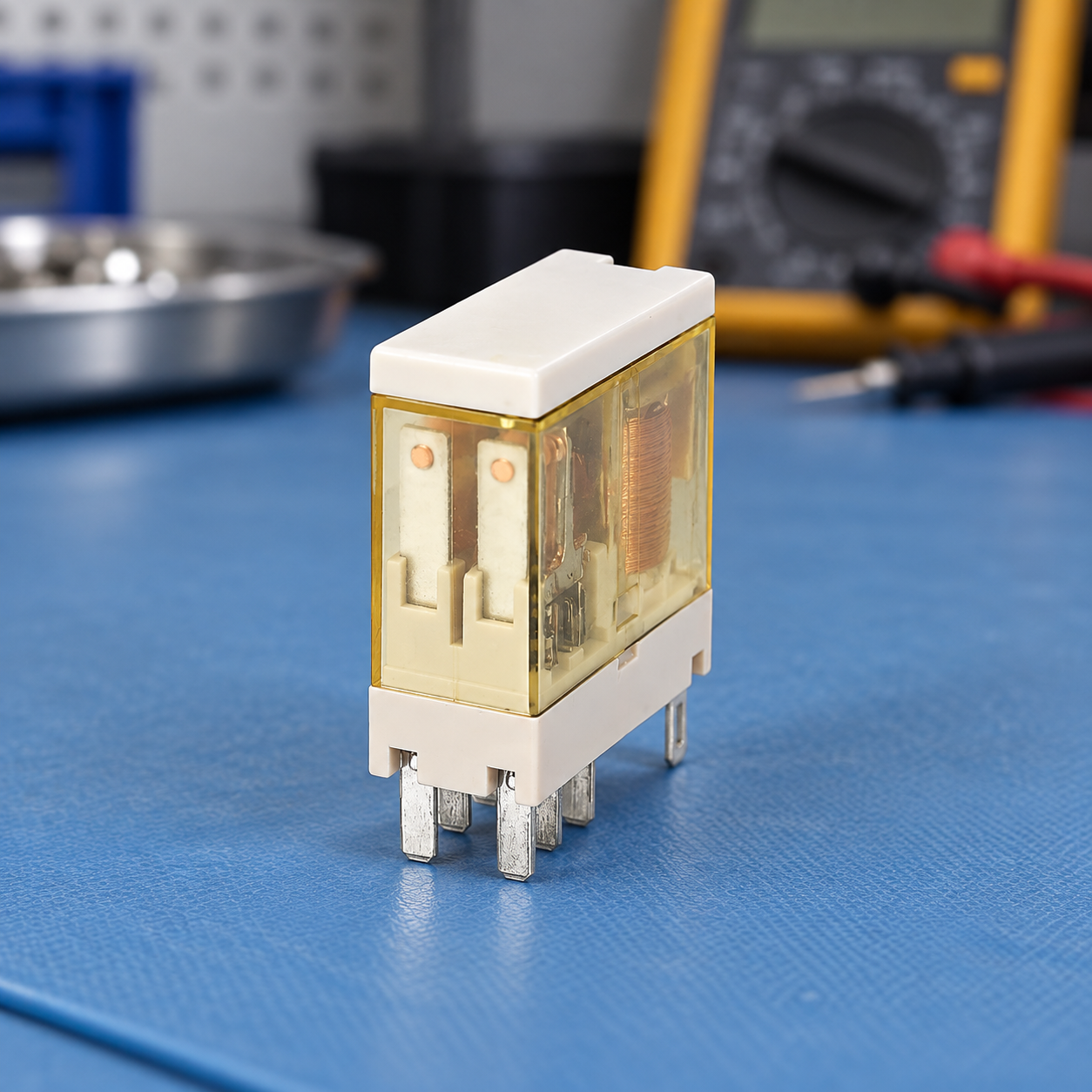 Inspect the relay case and visible blade terminals ONPOW relay with an amber translucent cover and metal blade terminals on a test bench